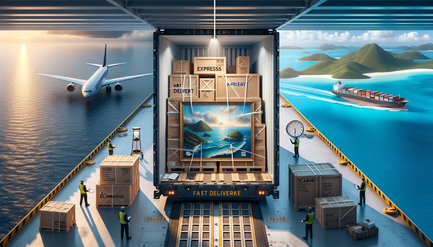 Comparaison visuelle entre livraison express aérienne et économique maritime de tableaux vers les Antilles DOM-TOM