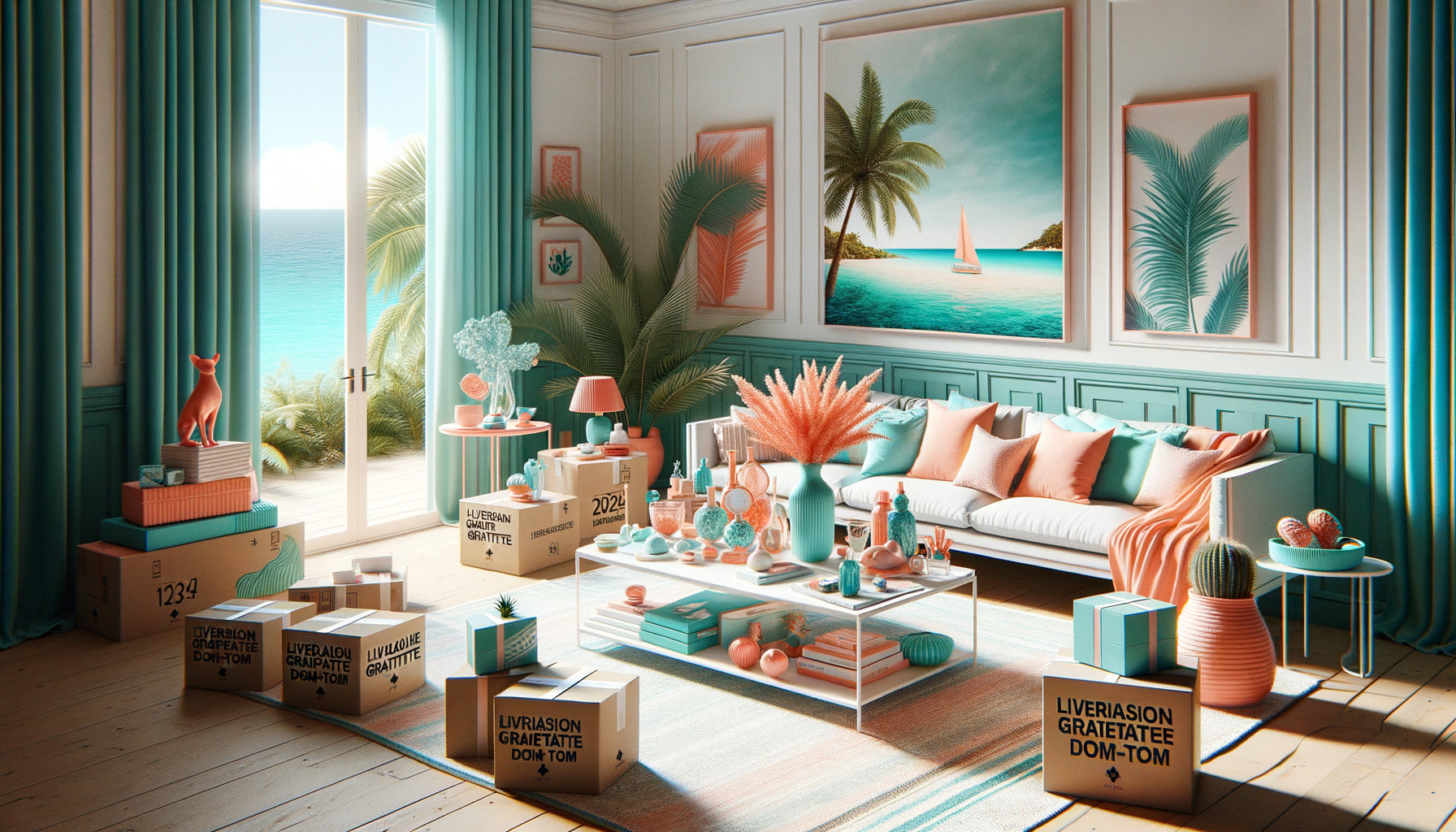 Scène de livraison gratuite de décoration intérieure pour DOM-TOM avec colis et carte de fidélité dans intérieur tropical contemporain