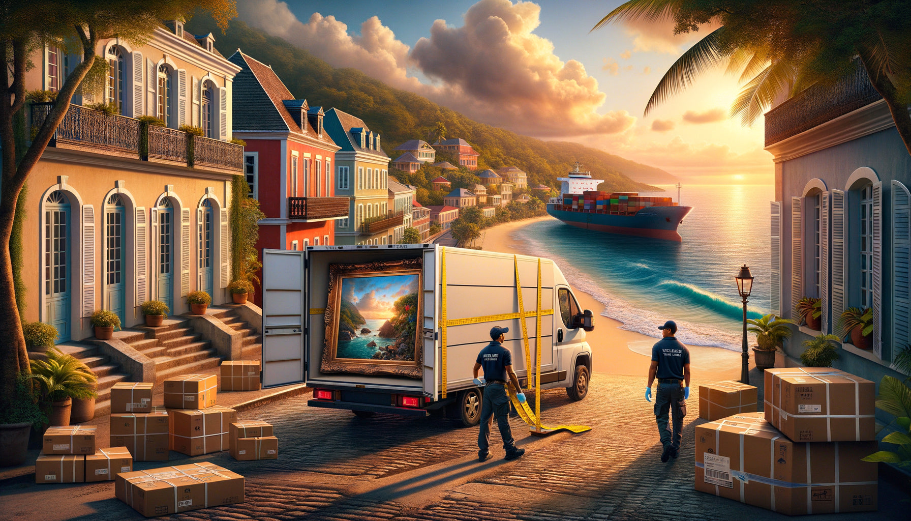 Livraison de tableau grand format dans un contexte insulaire tropical illustrant les contraintes logistiques du transport maritime