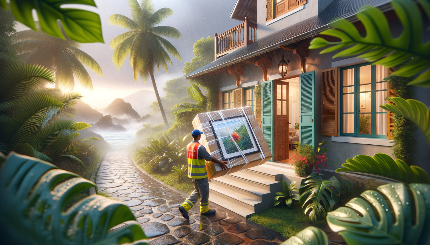 Livraison sécurisée d'un tableau mural emballé devant une maison tropicale à La Réunion avec végétation luxuriante