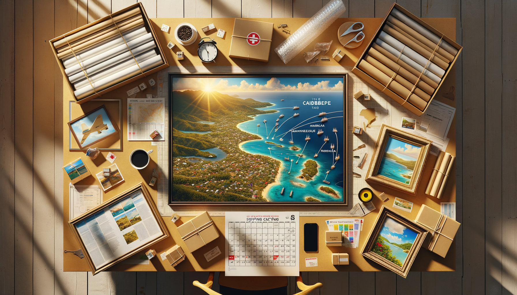 Planification logistique d'expédition de tableaux vers les DOM-TOM avec carte maritime et échantillons d'œuvres emballées