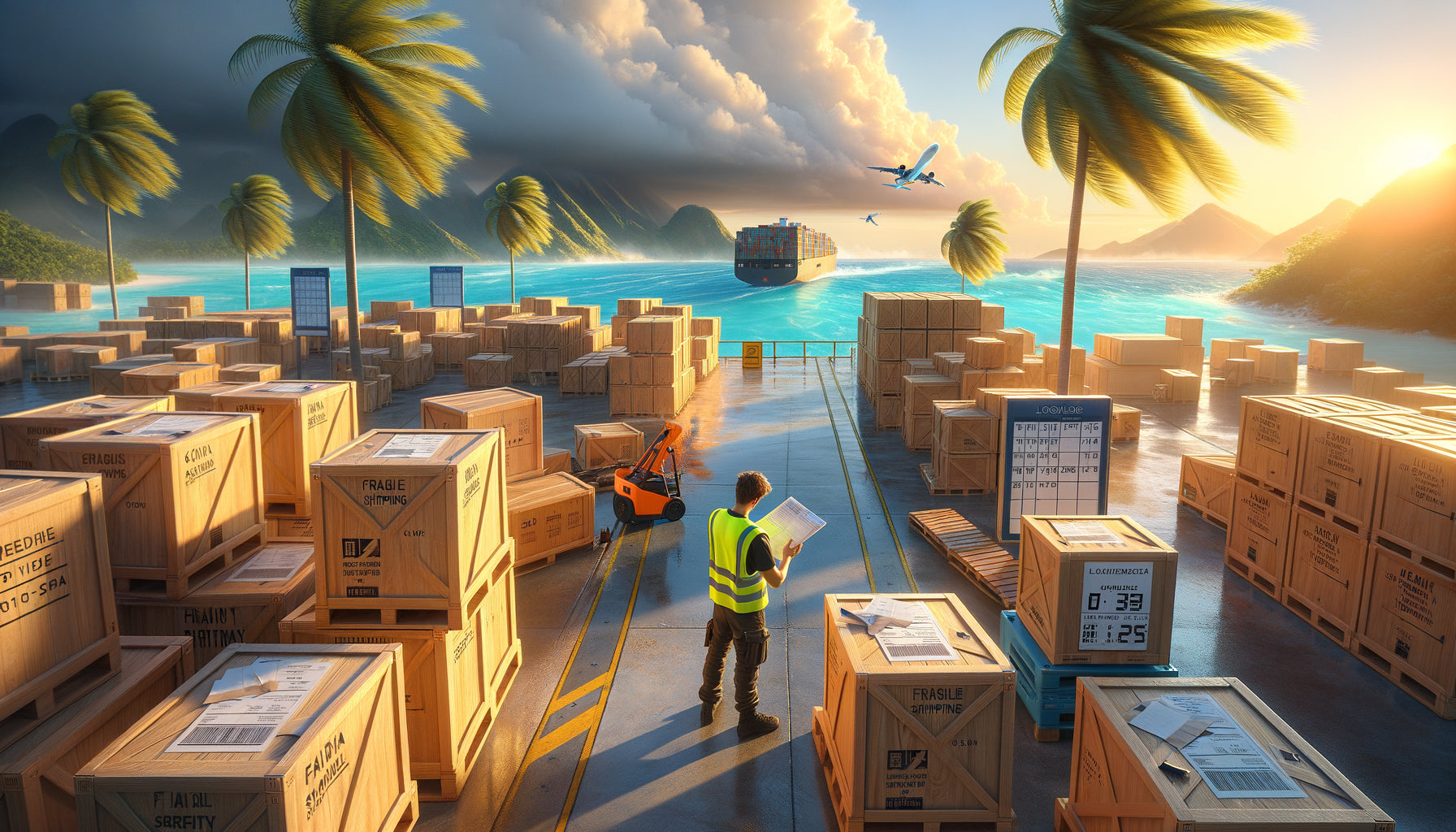 Logistique de livraison d'œuvres d'art dans un port tropical des DOM-TOM avec contraintes climatiques saisonnières