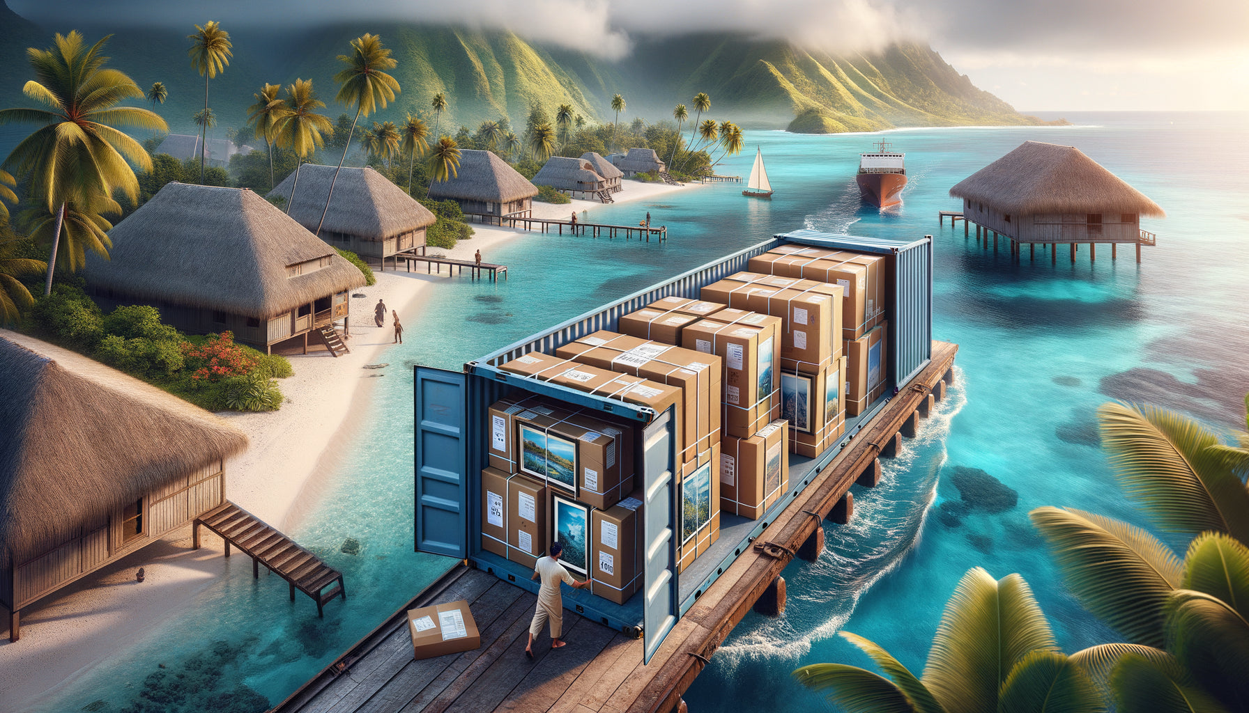 Déballage de tableaux muraux emballés arrivant par conteneur maritime à Wallis-et-Futuna, océan Pacifique et végétation tropicale en arrière-plan