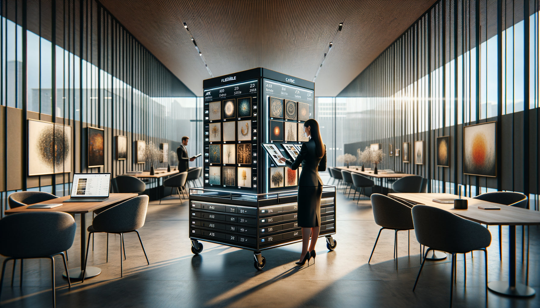 Cabinet professionnel moderne choisissant des œuvres d'art murales en location, consultant examinant plusieurs tableaux contemporains