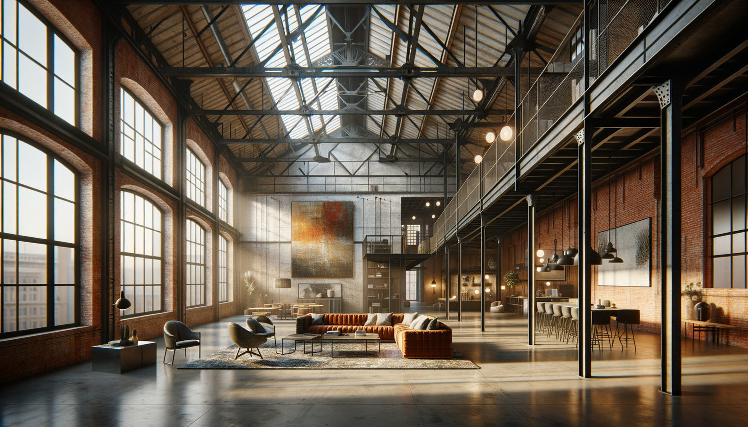 Loft industriel rénové avec murs de briques exposées, poutres métalliques, tableau vintage et œuvre contemporaine côte à côte