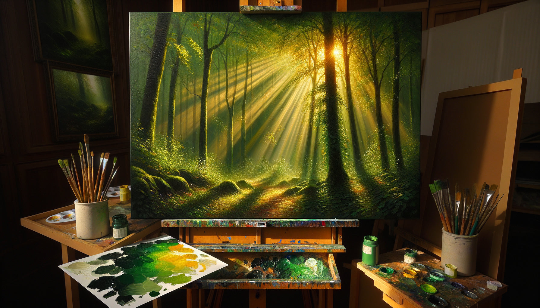 Peinture à l'huile montrant la lumière du soleil filtrant à travers le feuillage forestier, technique de glacis et superposition de verts lumineux
