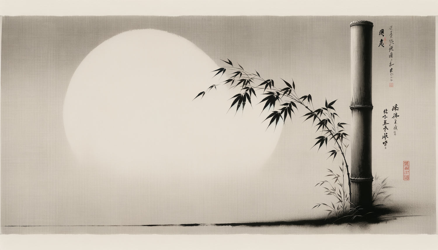 Peinture zen japonaise sumi-e démontrant le concept de ma avec vaste espace vide structurant la composition minimaliste
