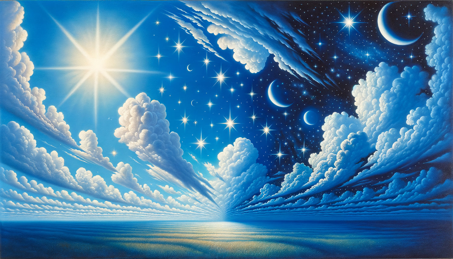Peinture surréaliste style Magritte montrant un ciel bleu diurne parsemé d'étoiles visibles, paradoxe jour-nuit