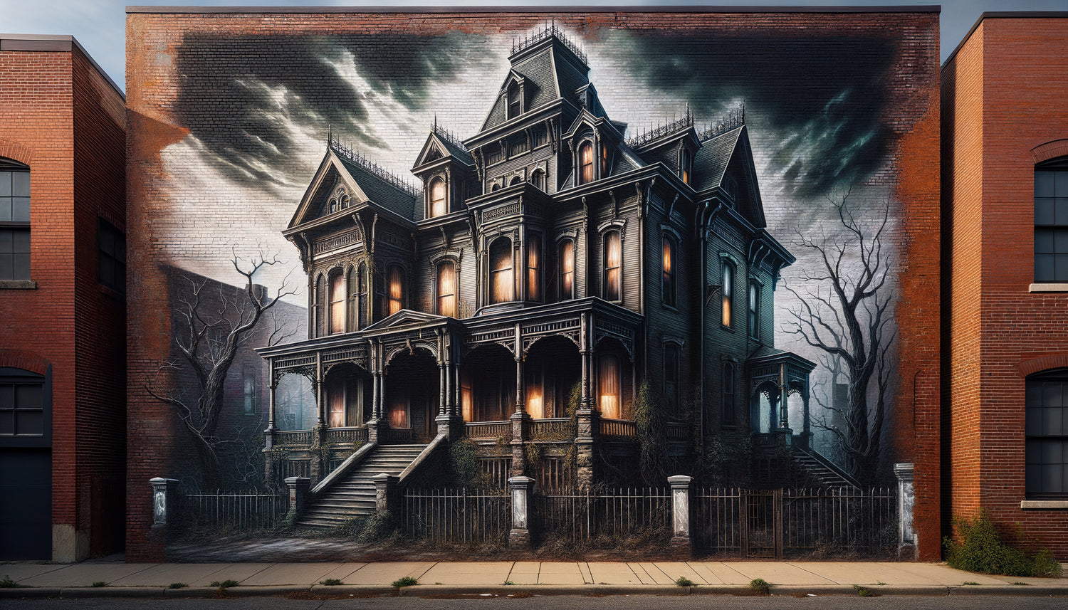 Fresque murale américaine contemporaine représentant une maison victorienne hantée délabrée, art urbain symbolisant les angoisses domestiques