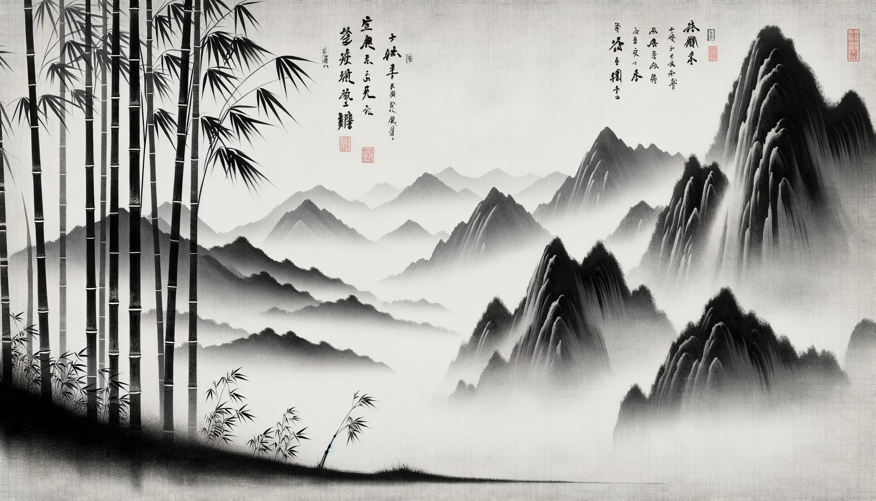 Rouleau makimono zen japonais en monochrome, peinture à l'encre noire avec vastes espaces vides et paysage minimaliste