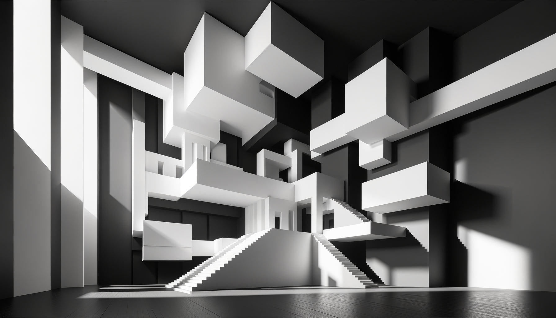 Intérieur architectural suprématiste années 1918 style Malevitch, murs monochromes géométriques noir et blanc, espace spirituel épuré