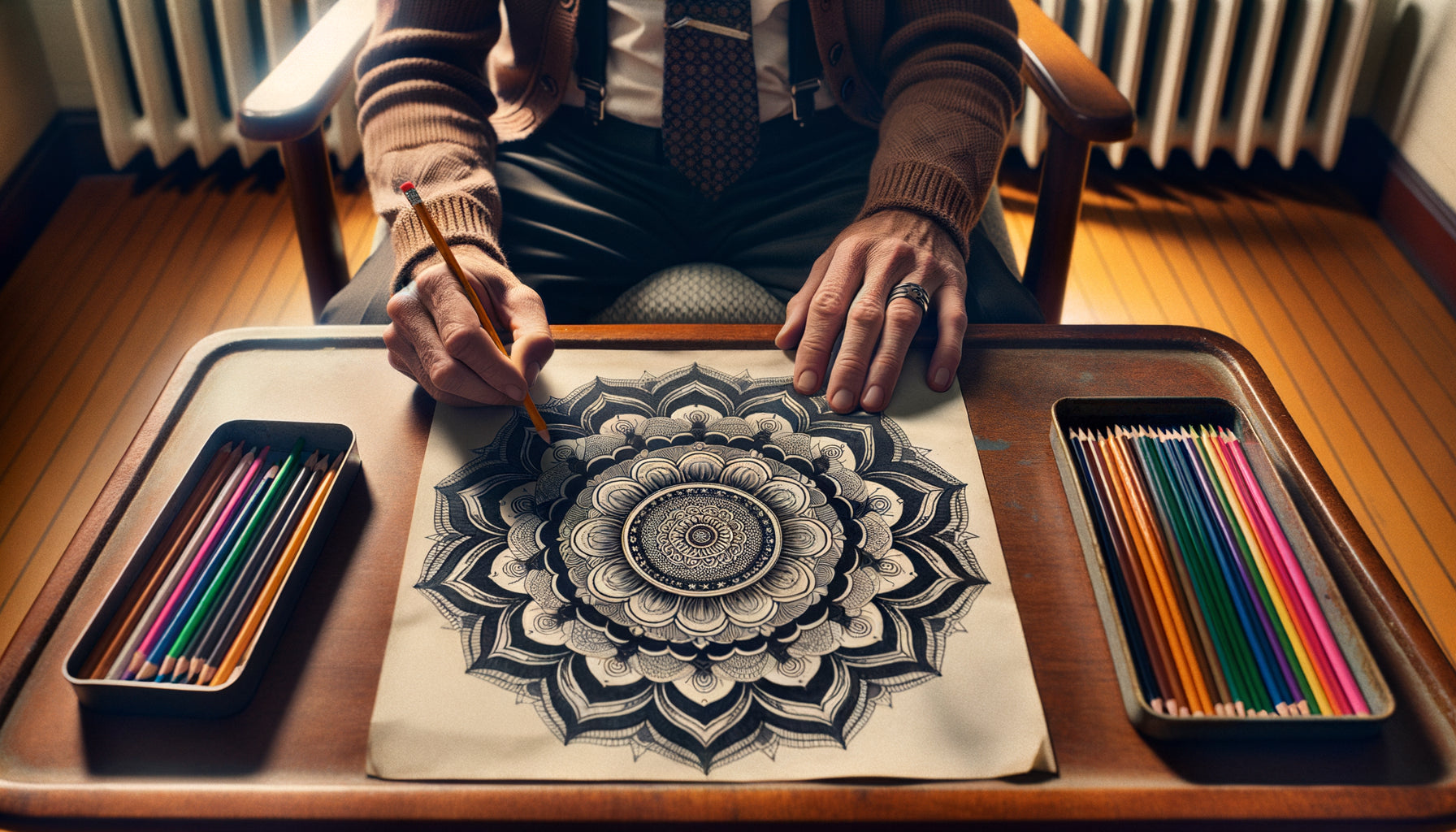 Patient coloriant un mandala thérapeutique dans une salle d'attente psychiatrique d'inspiration jungienne, atmosphère apaisante années 1950-60