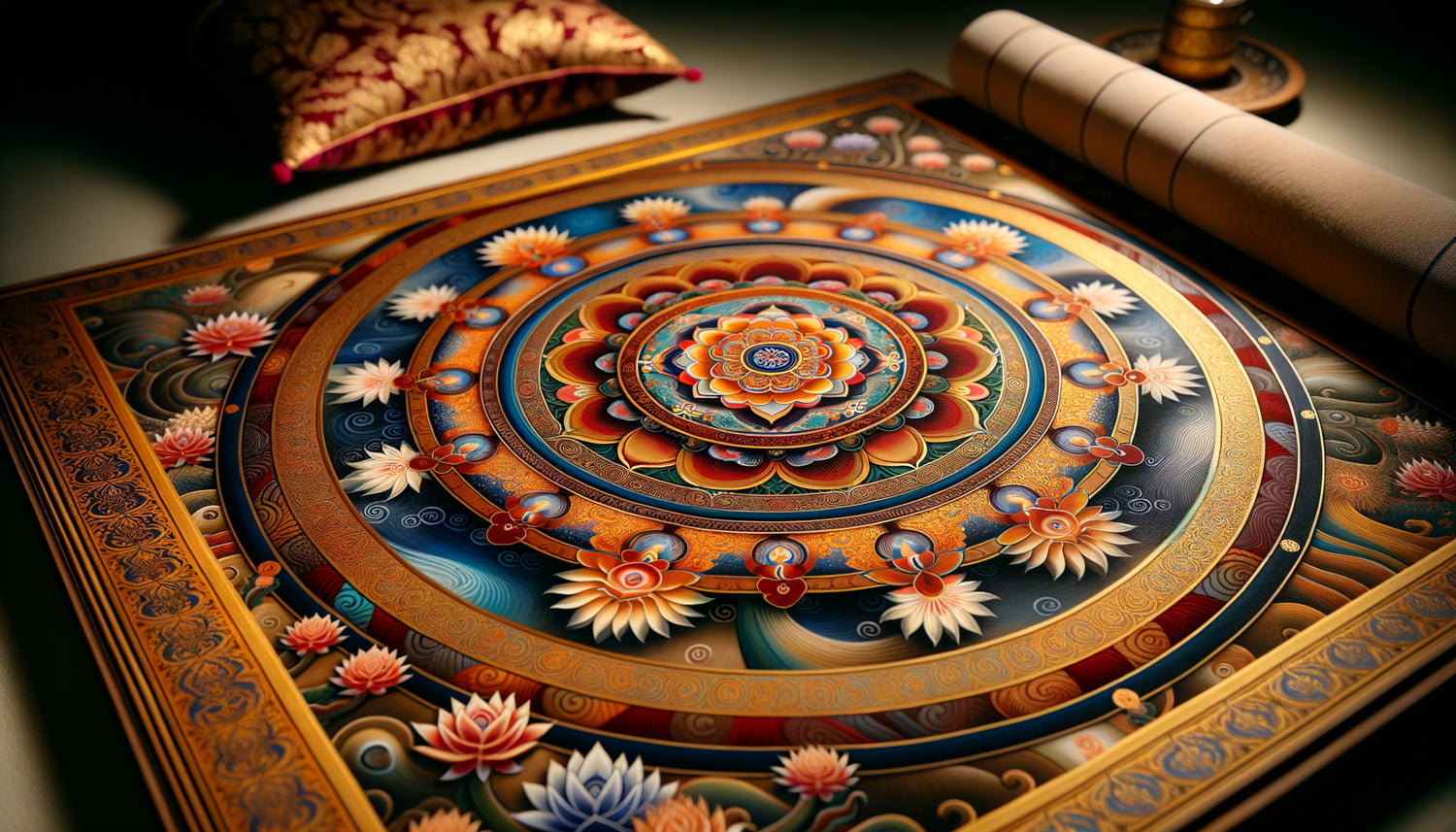 Mandala traditionnel tibétain aux motifs géométriques sacrés, point focal pour méditation guidée dans espace contemplatif serein