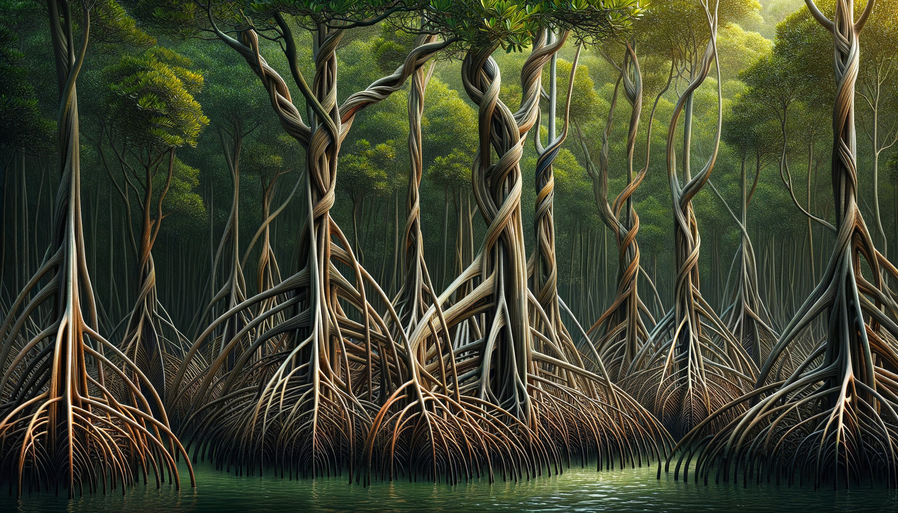 Peinture contemporaine de mangrove tropicale montrant l'enchevêtrement complexe des racines aériennes comme architecture organique sophistiquée