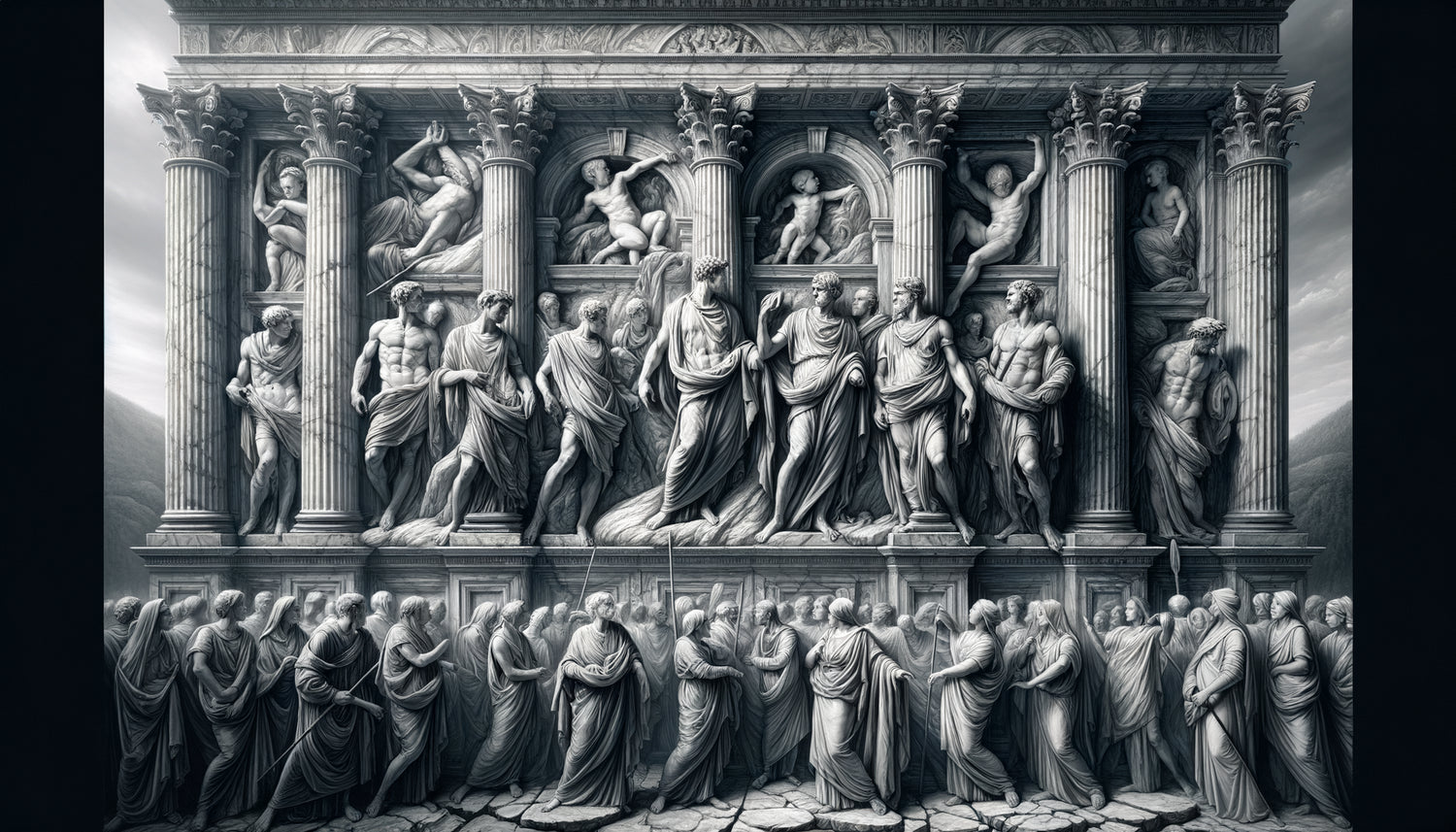 Grisaille Renaissance de Mantegna imitant un bas-relief antique romain en trompe-l'oeil monochrome sculptural