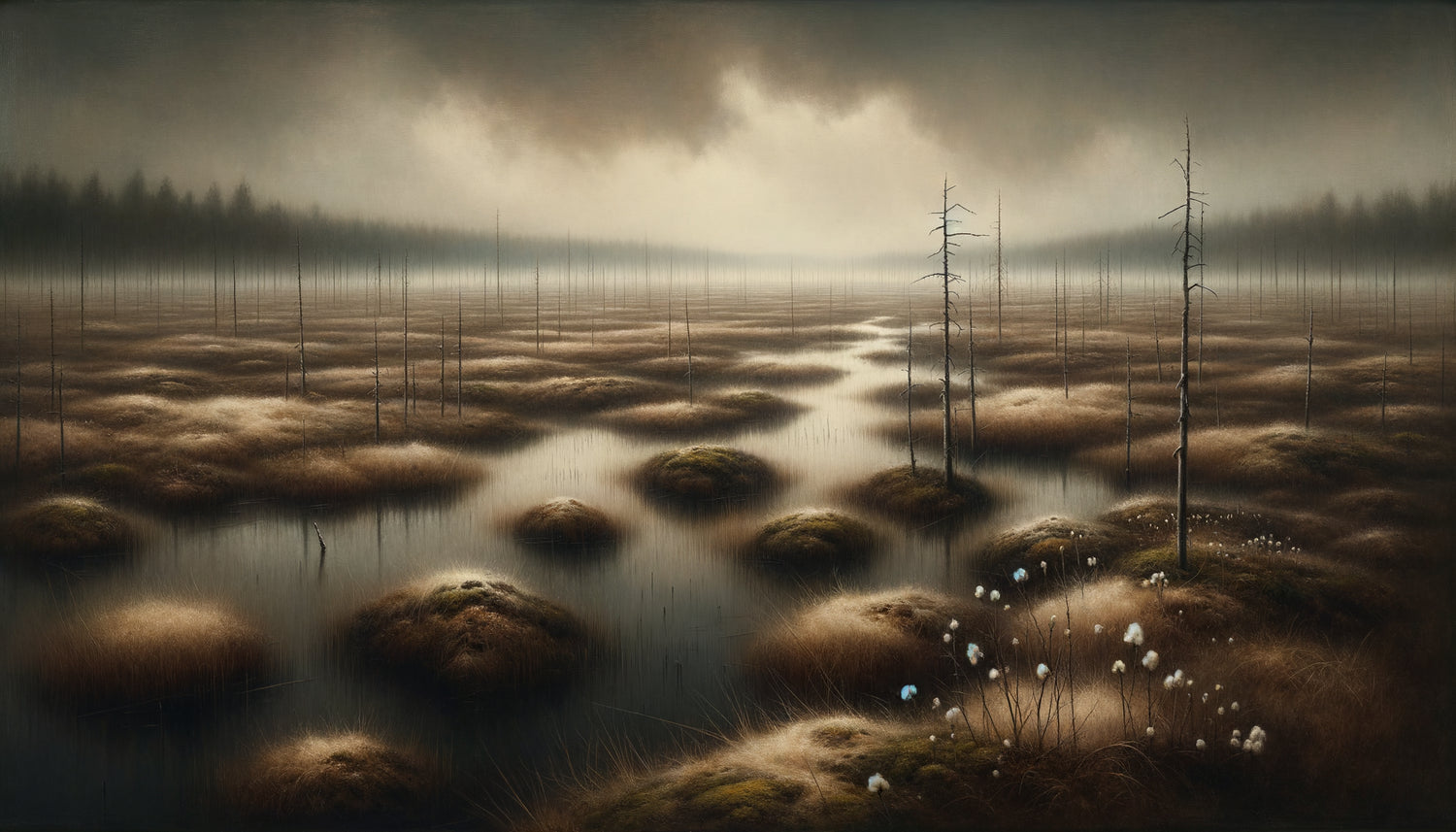 Peinture nordique scandinave de tourbière brumeuse, style minimaliste, atmosphère mystérieuse et désolée, tons terreux