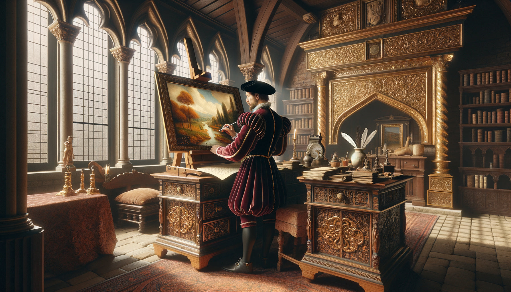 Marchand vénitien du XVe siècle inventoriant une peinture de paysage Renaissance dans son cabinet d'étude