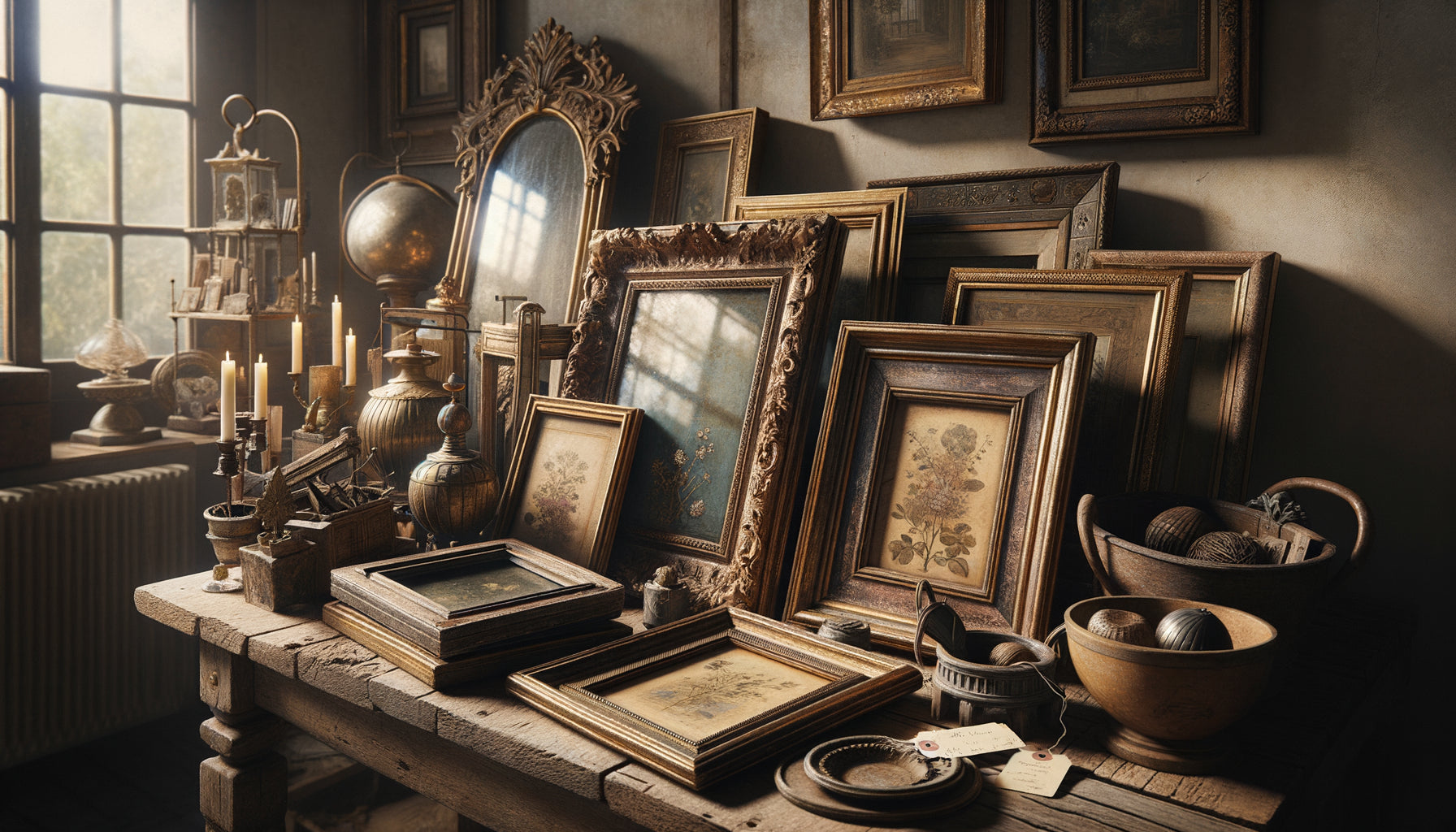 Collection de cadres anciens et miroirs patinés disposés sur étal de marché aux puces vintage