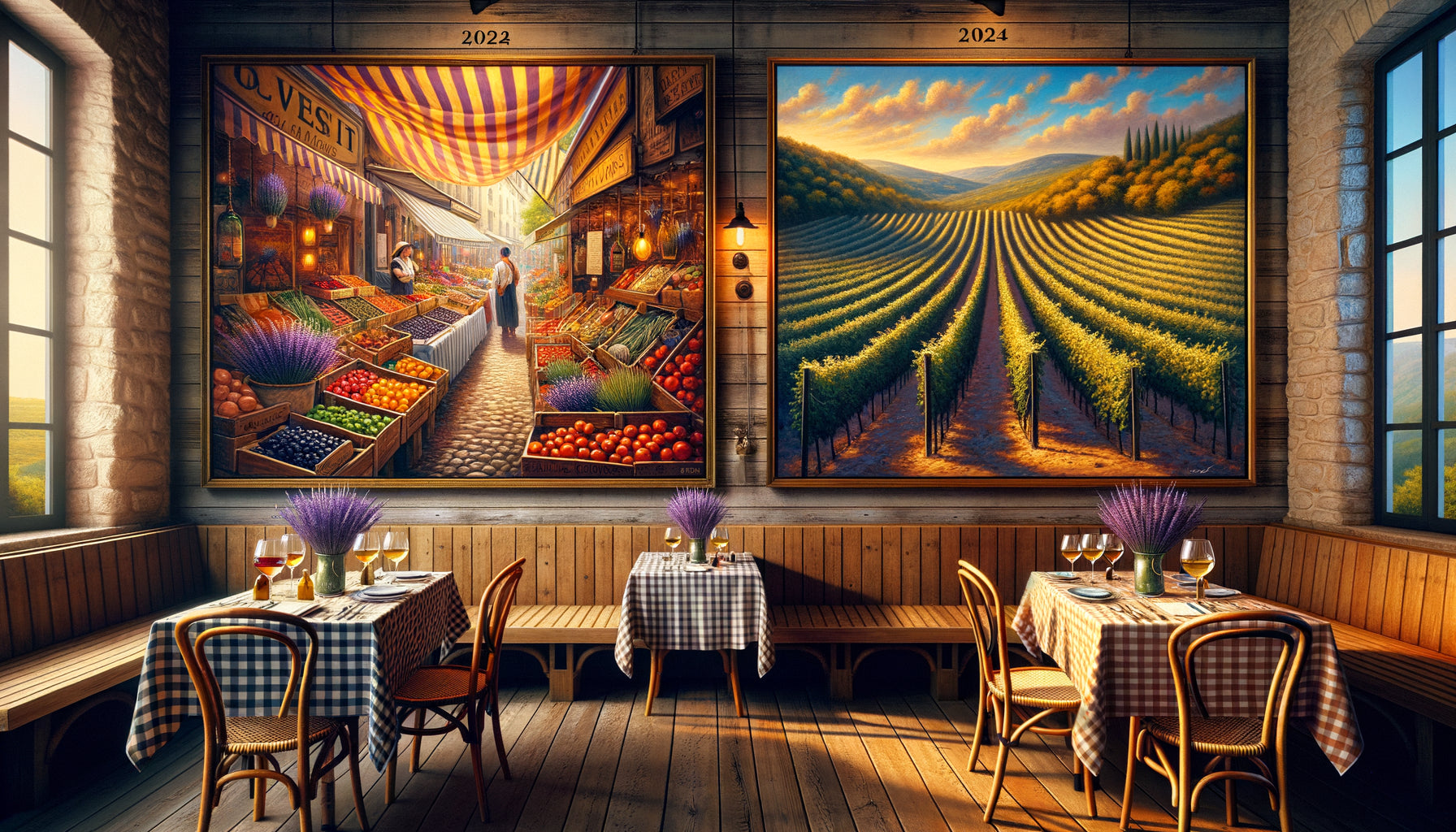 Intérieur de bistrot avec tableaux de marchés provençaux colorés et vignobles sereins sur les murs