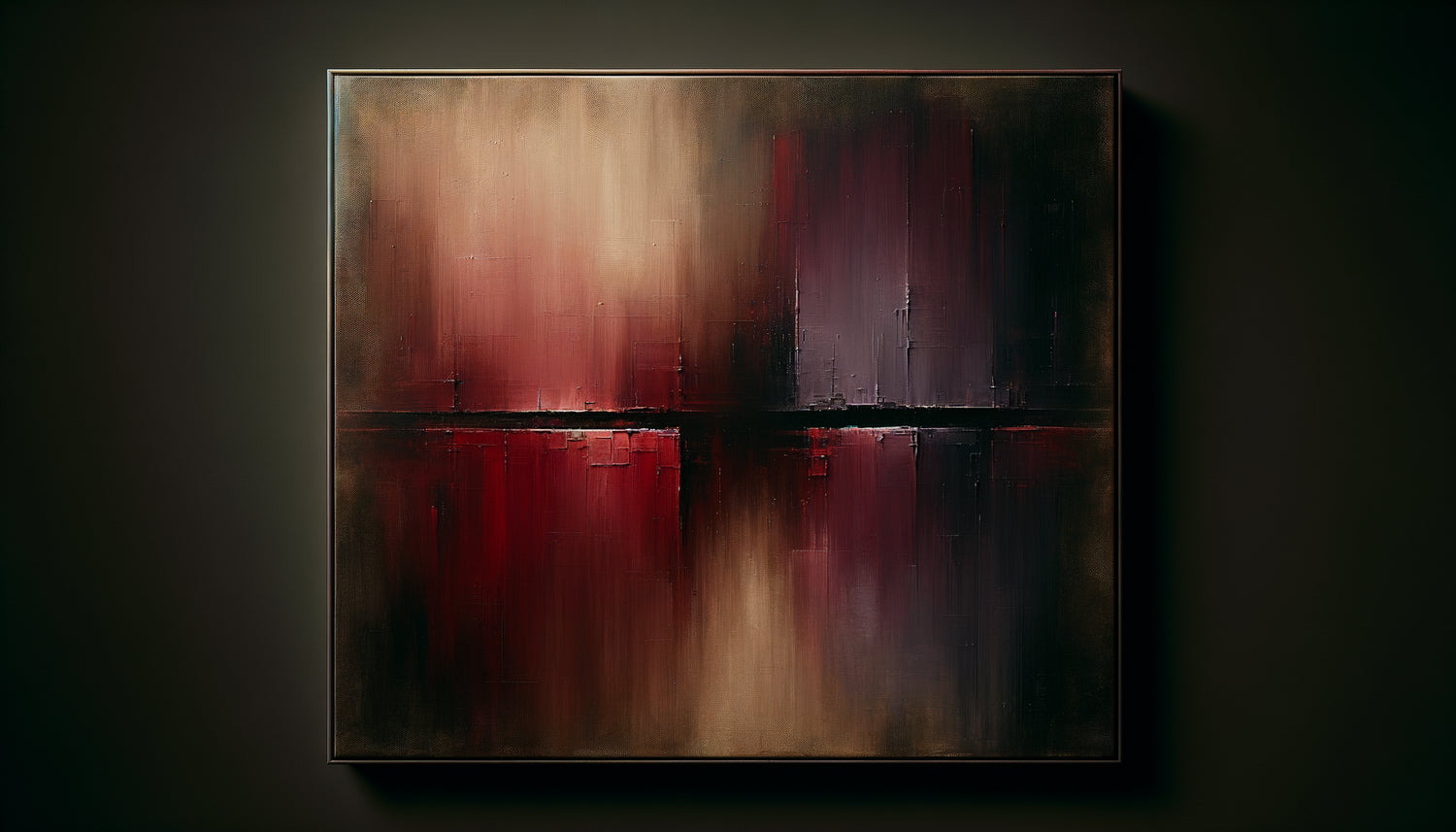 Peinture style Mark Rothko avec rectangles bordeaux et violets superposés aux contours flous, éclairage tamisé propice à la méditation nocturne