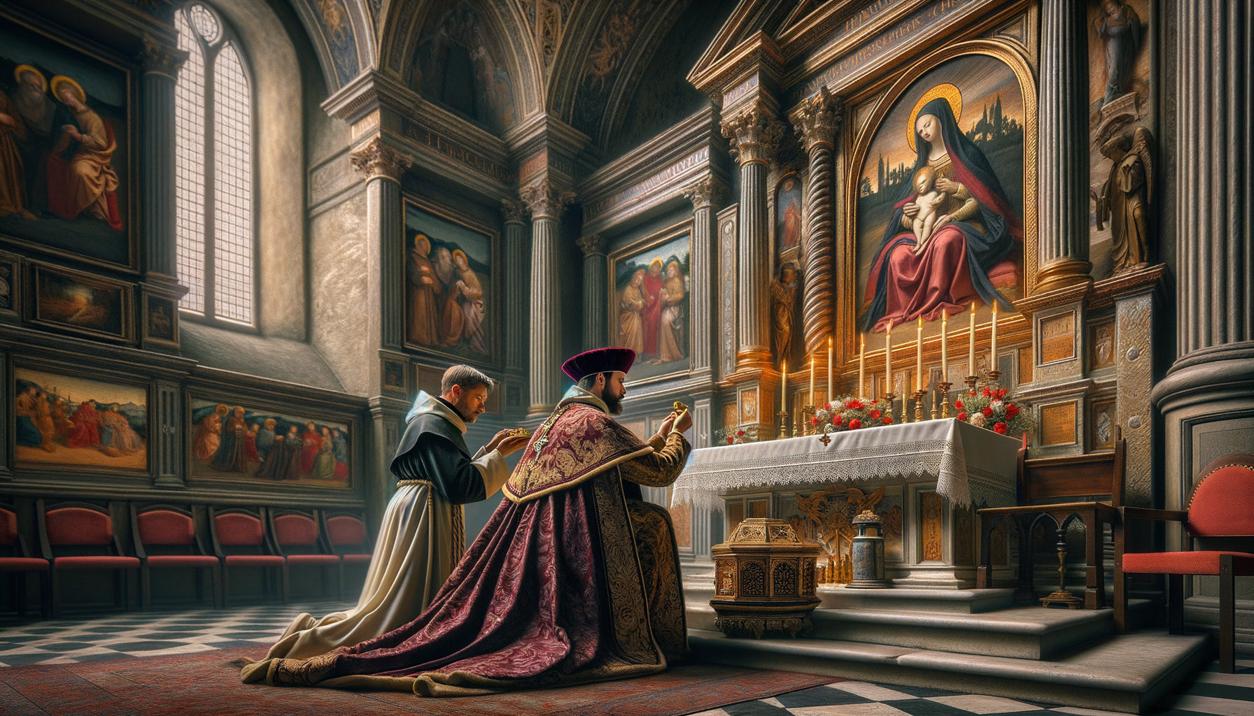 Mécène florentin du XVe siècle offrant un retable à une église pour obtenir le salut éternel, scène de la Renaissance italienne