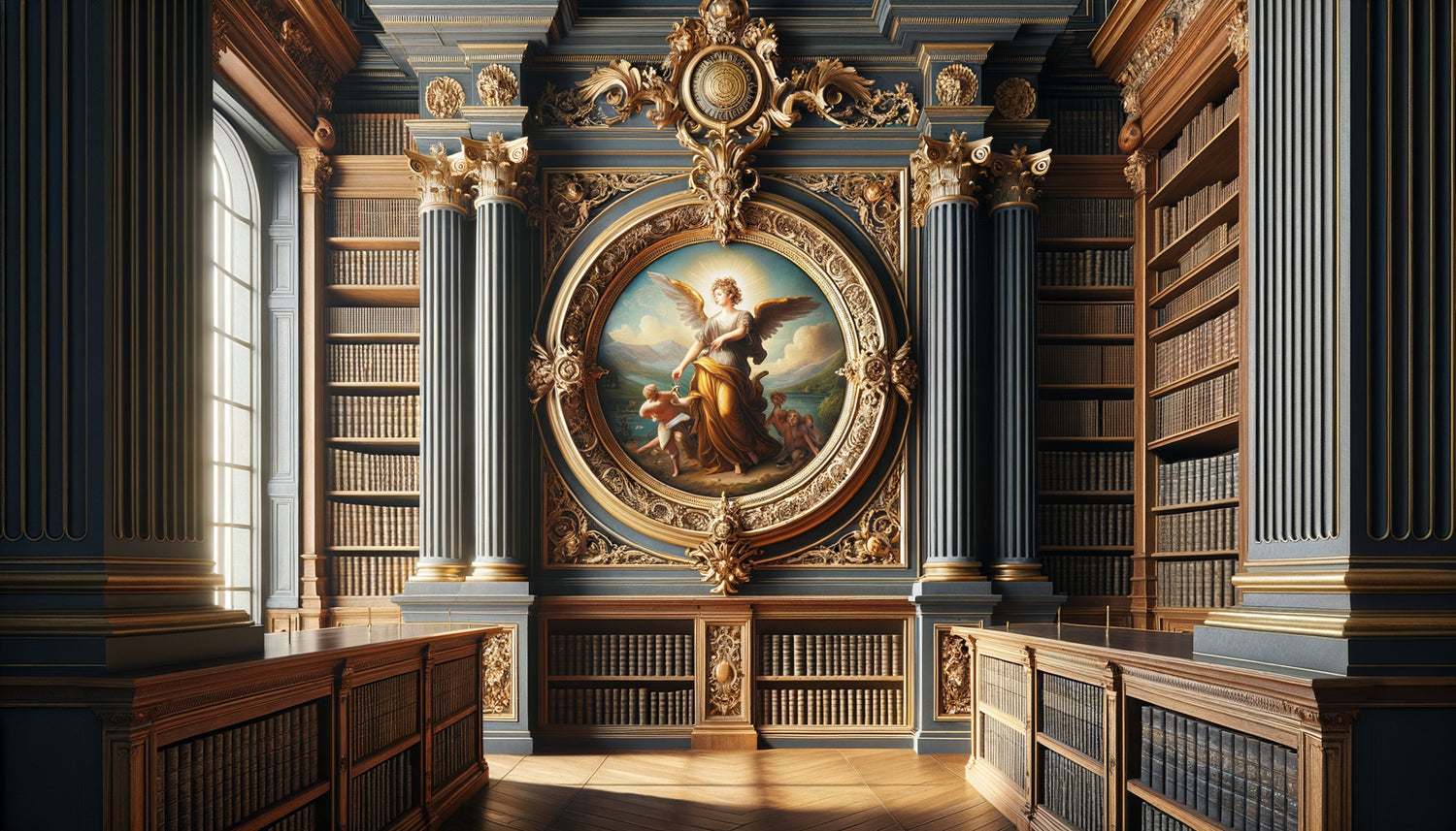 Médaillon peint circulaire baroque entre étagères de bibliothèque classique du 18e siècle avec figure allégorique et dorures