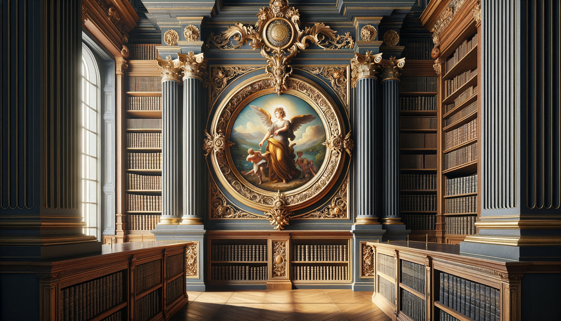 Médaillon peint circulaire baroque entre étagères de bibliothèque classique du 18e siècle avec figure allégorique et dorures
