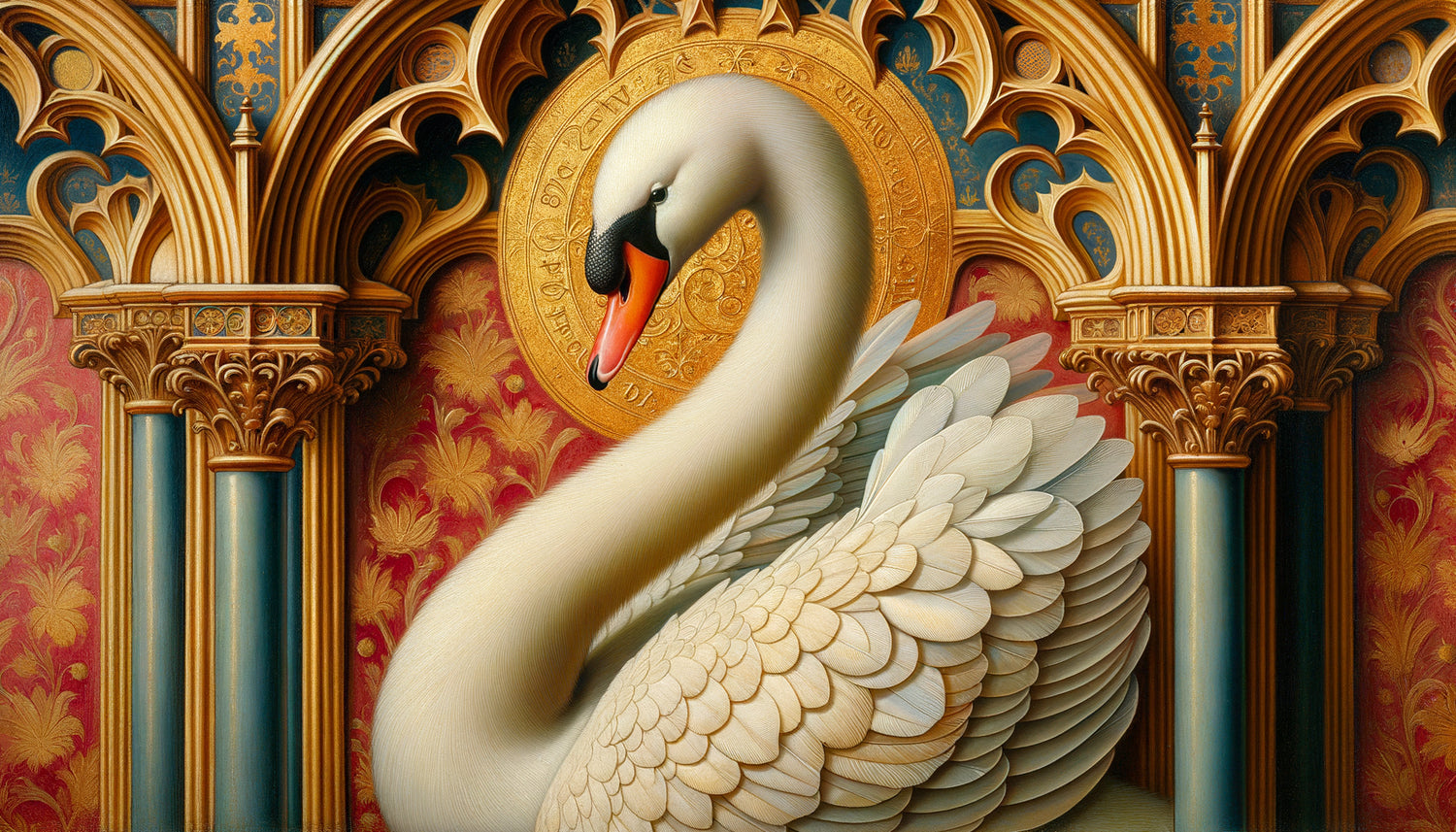 Détail de cygne blanc lumineux en détrempe à l'œuf, style Melchior Broederlam, primitif flamand 14ème siècle