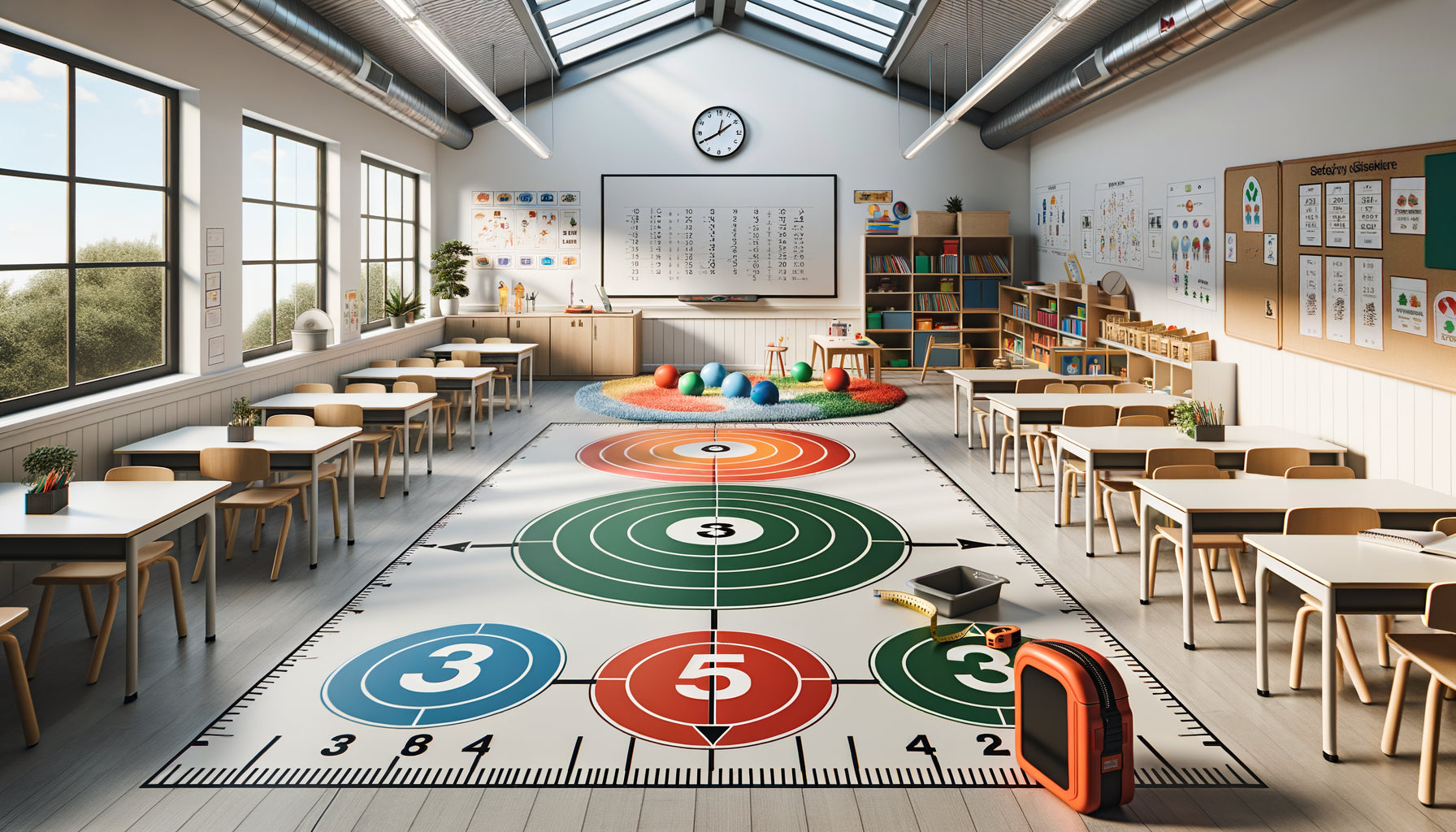 Mesure de distance de sécurité entre tableau scolaire et zone de jeu avec méthode des trois cercles de zones