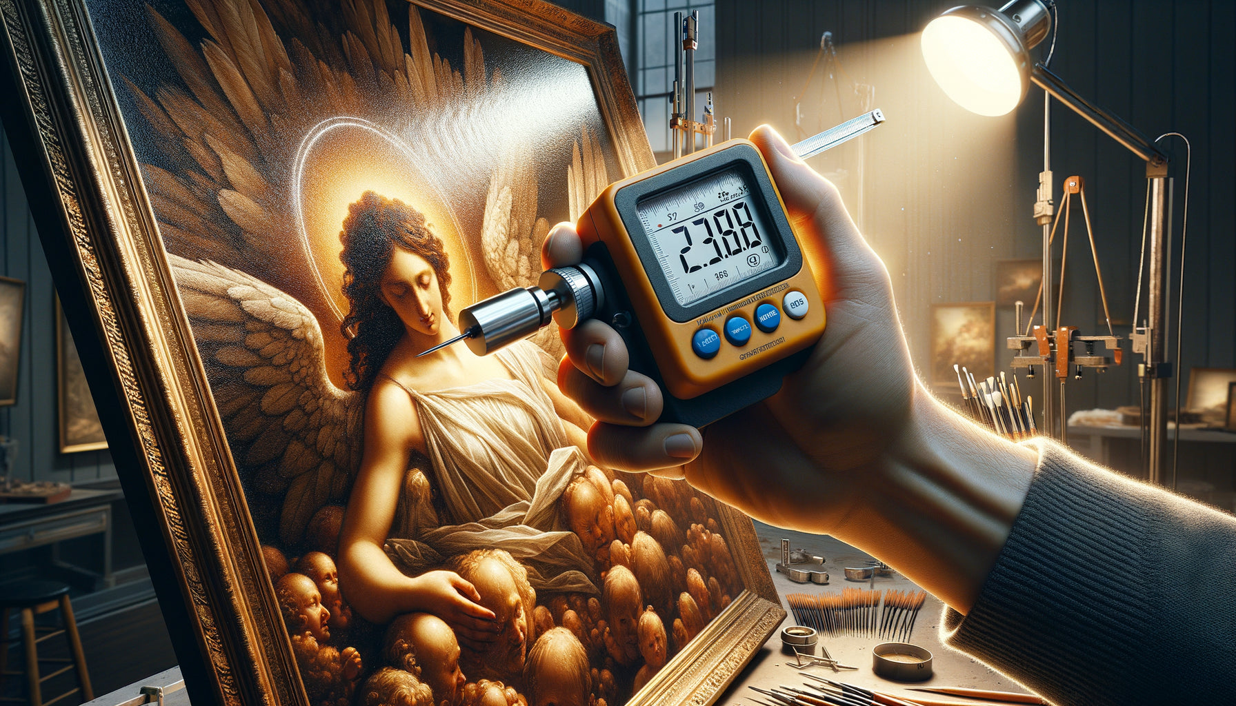 Restaurateur mesurant l'épaisseur du vernis sur un tableau avec une jauge de précision en lumière rasante