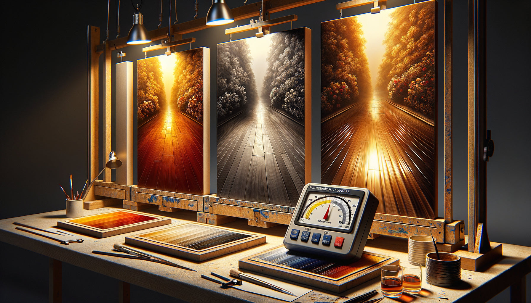 Comparaison de trois niveaux de brillance de vernis : fini brillant, satiné et mat sur surfaces peintes