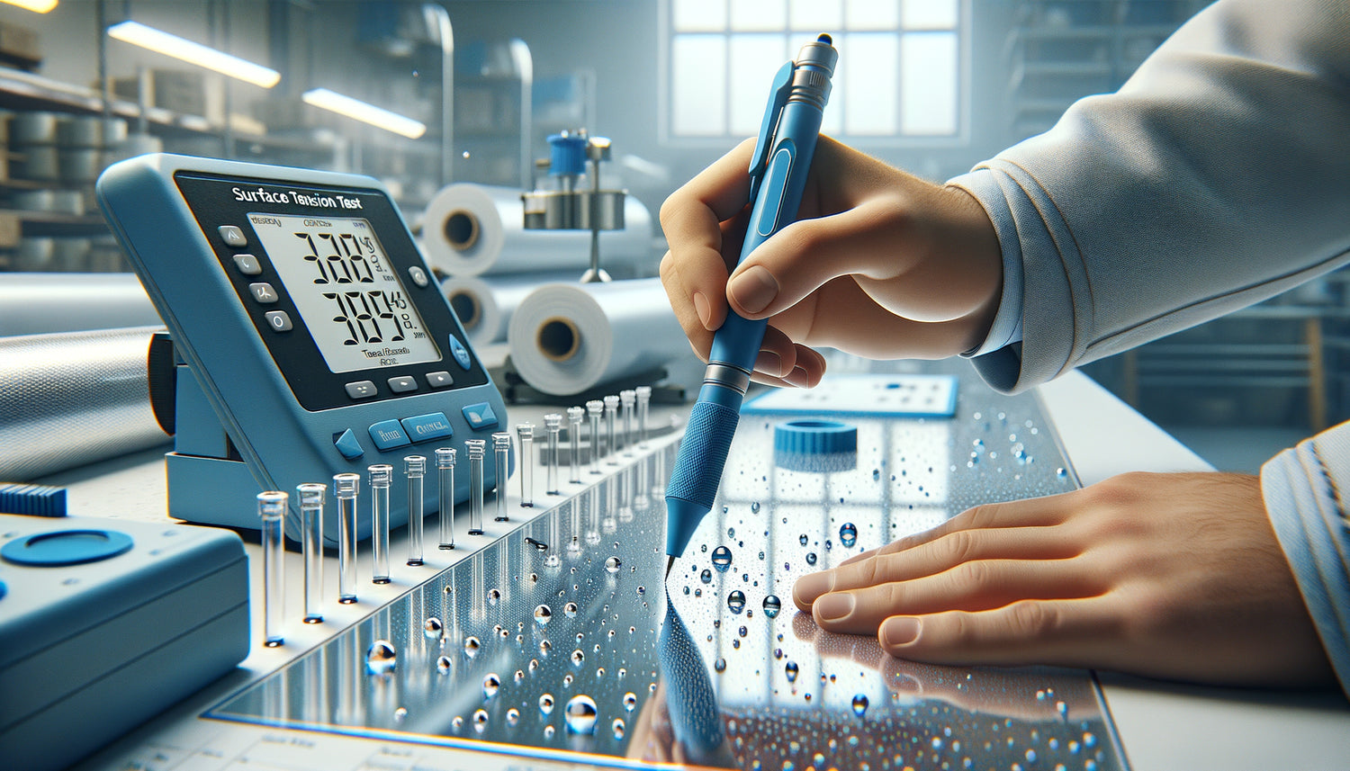 Test de tension superficielle sur plastique avec stylo dyne et encres de contrôle en laboratoire industriel