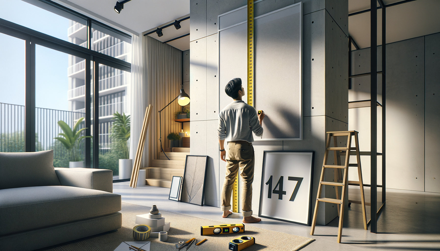 Personne mesurant avec un mètre ruban la hauteur de 147 cm sur un mur pour accrocher son premier tableau