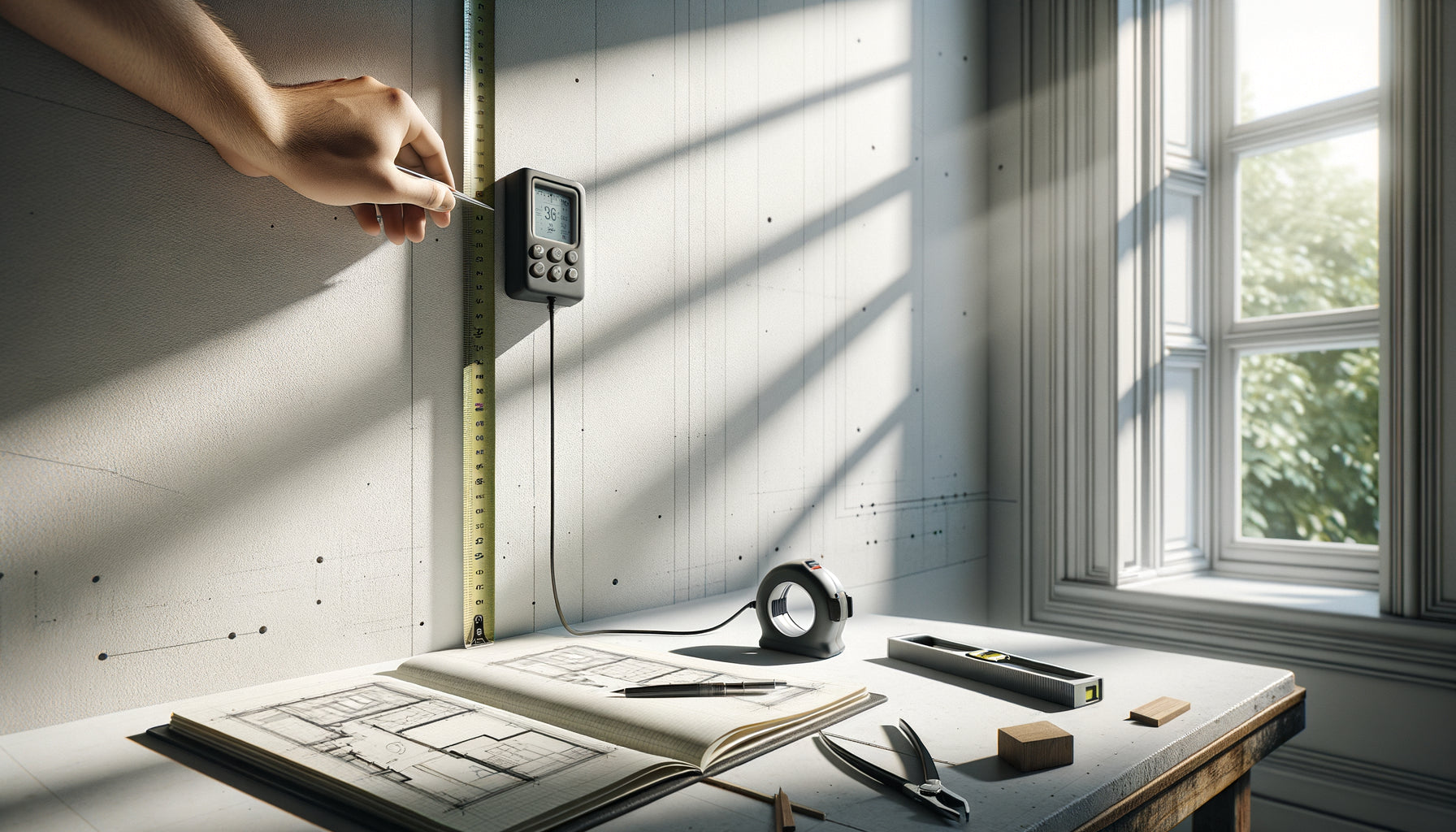 Mesure professionnelle d'un mur avec mètre laser et ruban, carnet de notes avec dimensions et proportions pour achat d'art