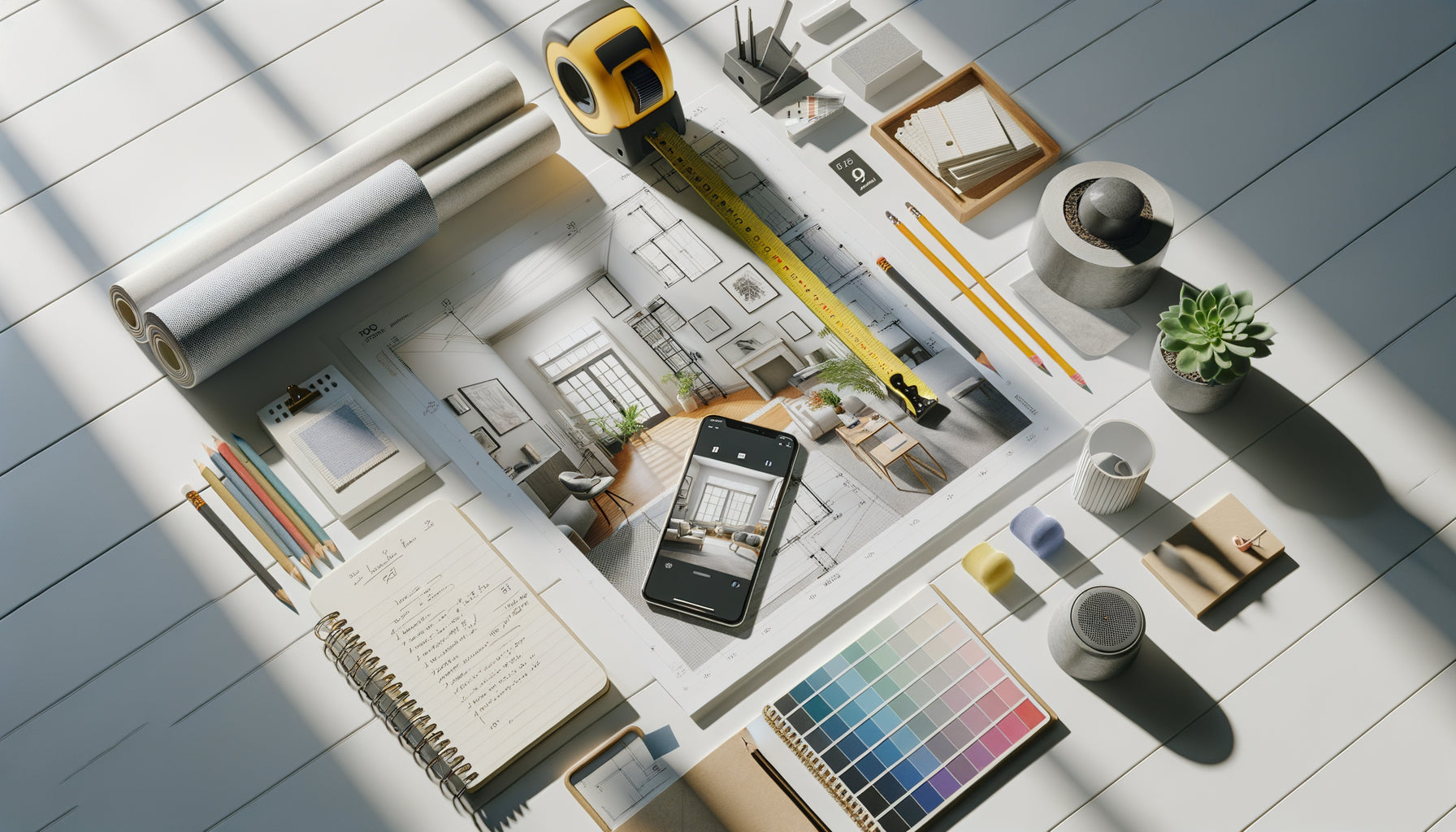 Scène de planification d'achat de tableau avec mètre ruban, croquis de mesures et photo d'espace mural