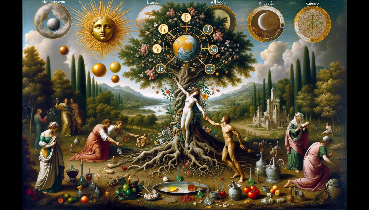 Peinture Renaissance d'une métamorphose ovidienne avec symbolisme alchimique caché, style maniériste vénitien du 16ème siècle