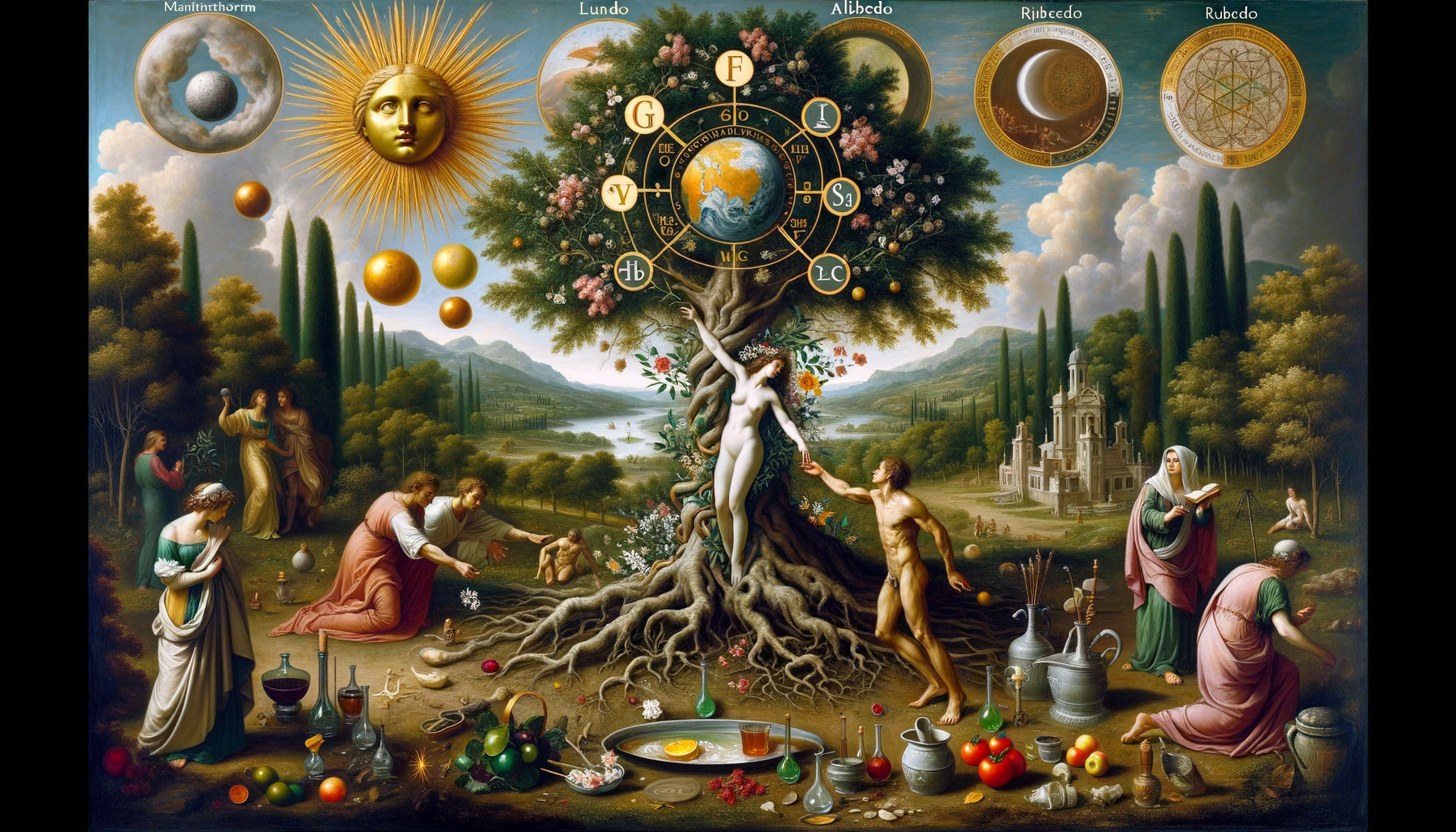 Peinture Renaissance d'une métamorphose ovidienne avec symbolisme alchimique caché, style maniériste vénitien du 16ème siècle