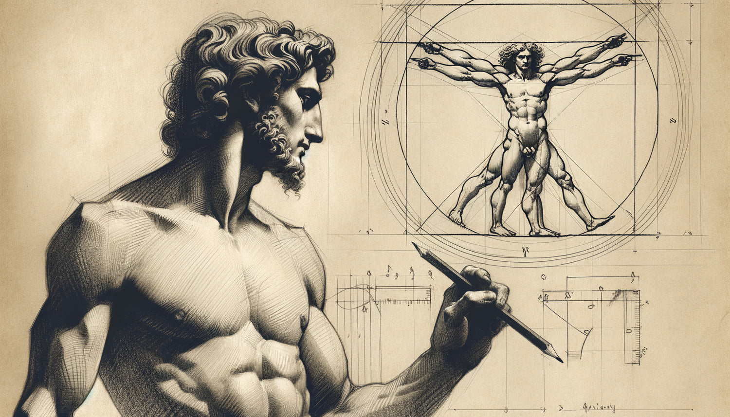 Dessin préparatoire au fusain de Michel-Ange, Renaissance italienne, étude anatomique masculine en noir et blanc pur