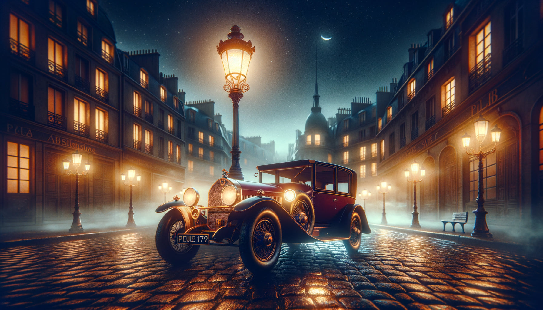 Automobile vintage des années 1920 sur pavés parisiens sous lumière dorée, ambiance nocturne et nostalgique des années folles