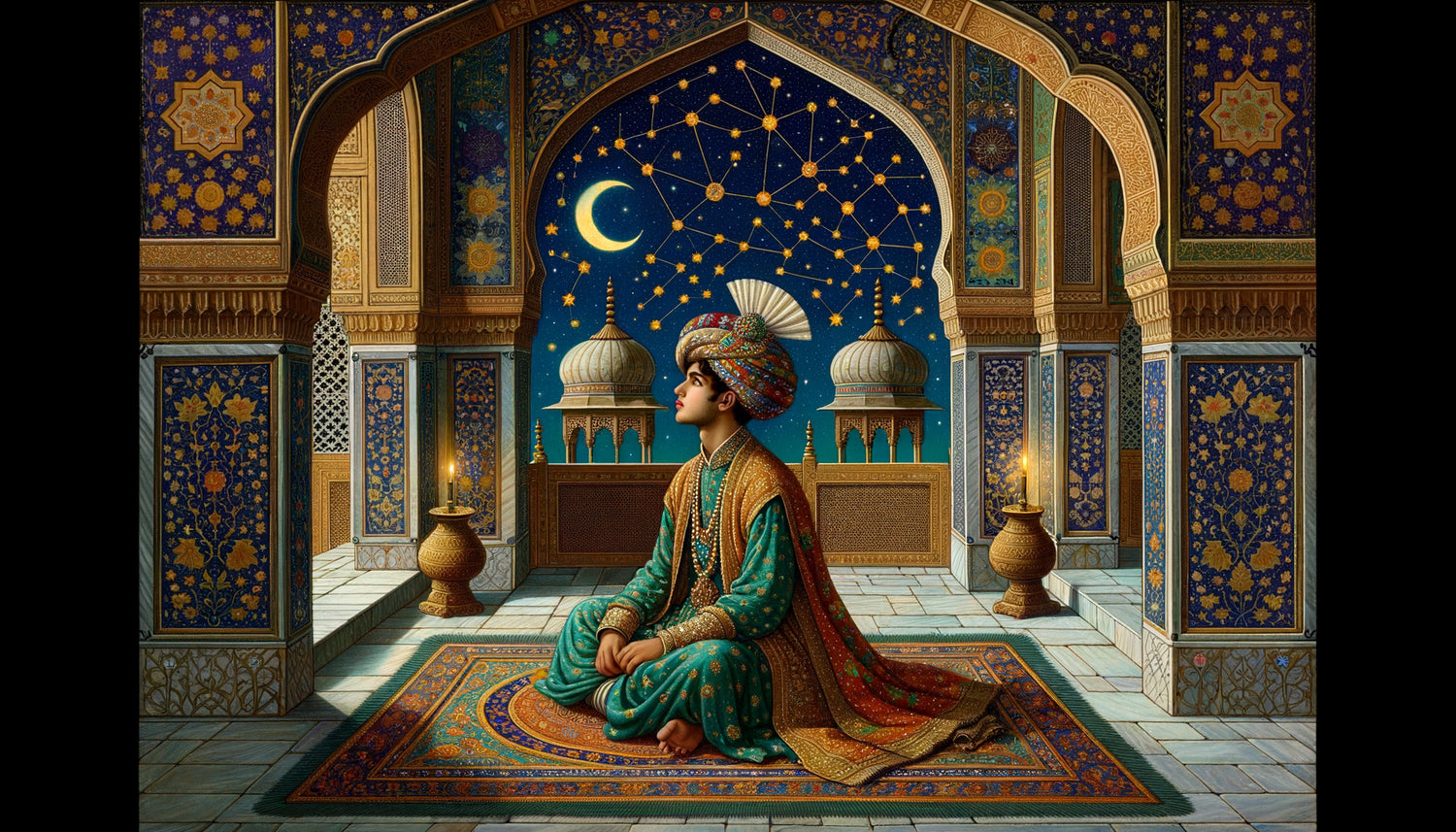 Miniature moghole du 17e siècle représentant un prince en turban contemplant les étoiles depuis une terrasse palatiale ornementée