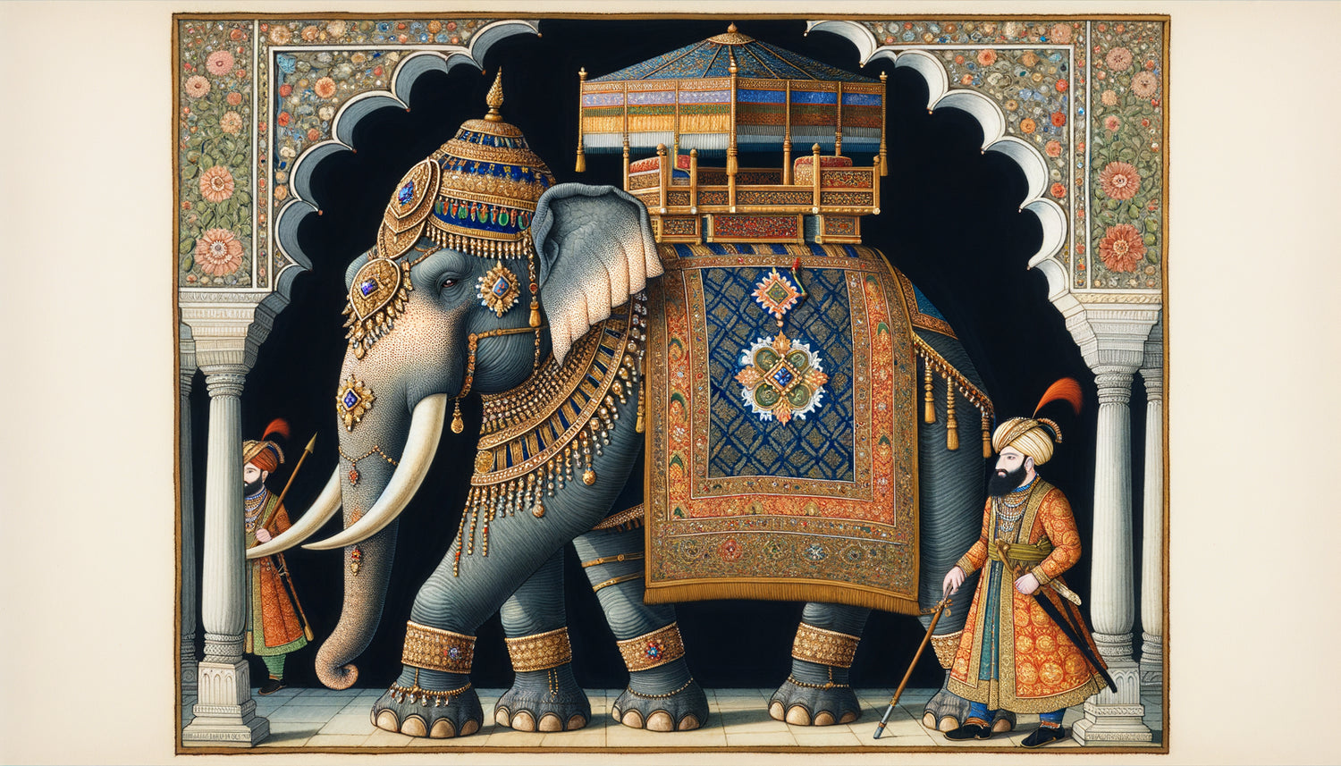 Miniature mogole du 17ème siècle représentant un éléphant de guerre richement orné avec armure cérémonielle et détails anatomiques précis