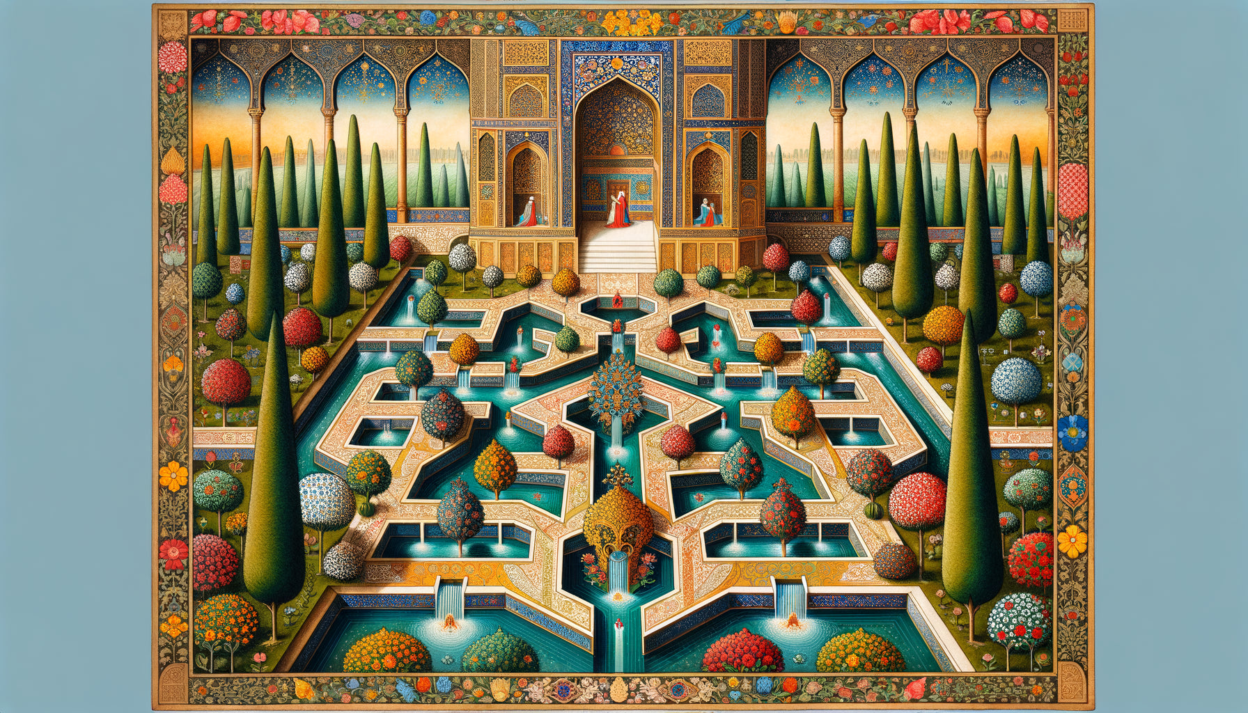 Miniature persane période safavide montrant jardin chahar bagh avec perspective verticale et palette chromatique vibrante symbolique
