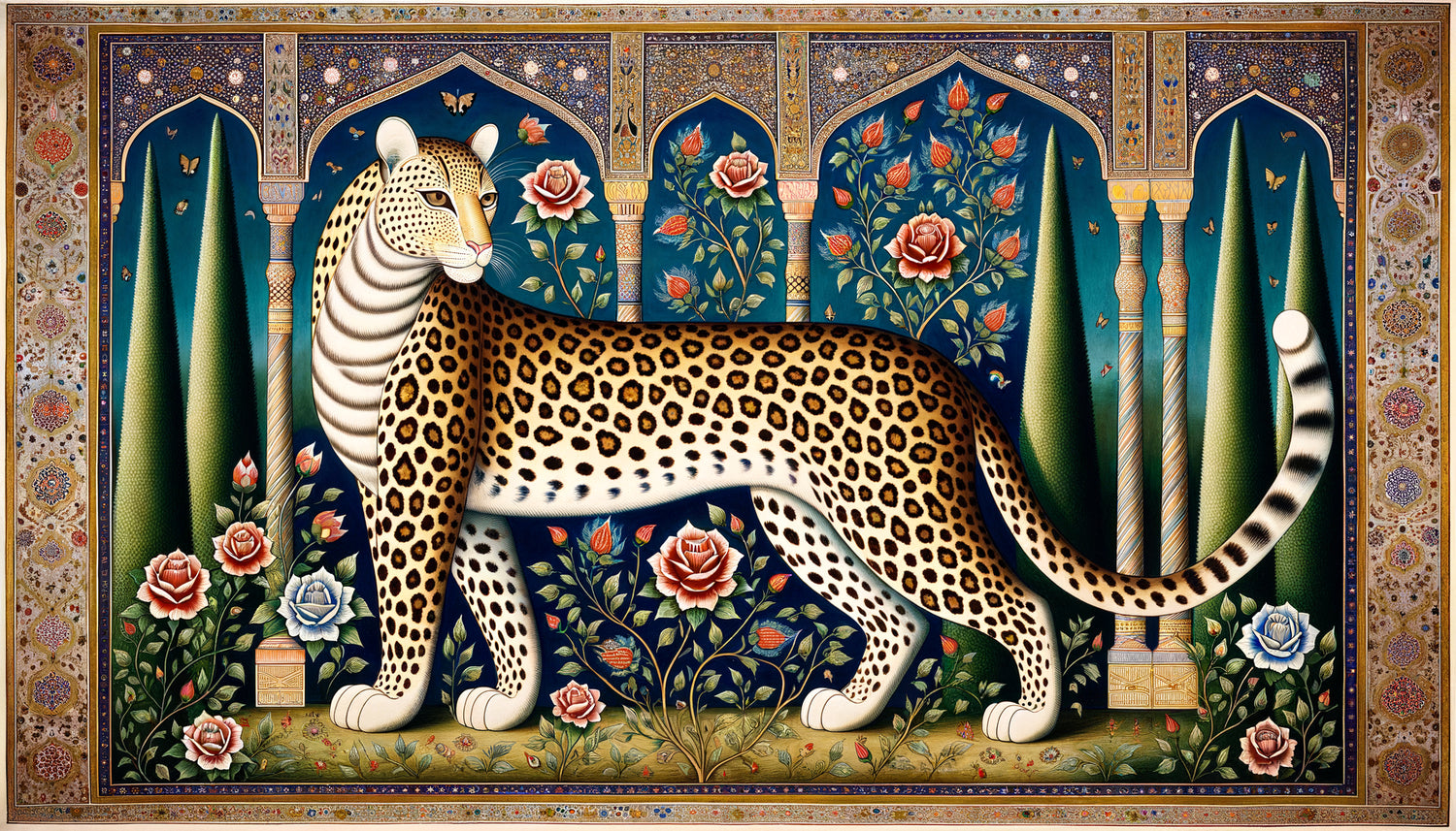 Miniature persane safavide représentant un léopard stylisé dans un jardin fleuri, style atelier de Tabriz 16ème siècle