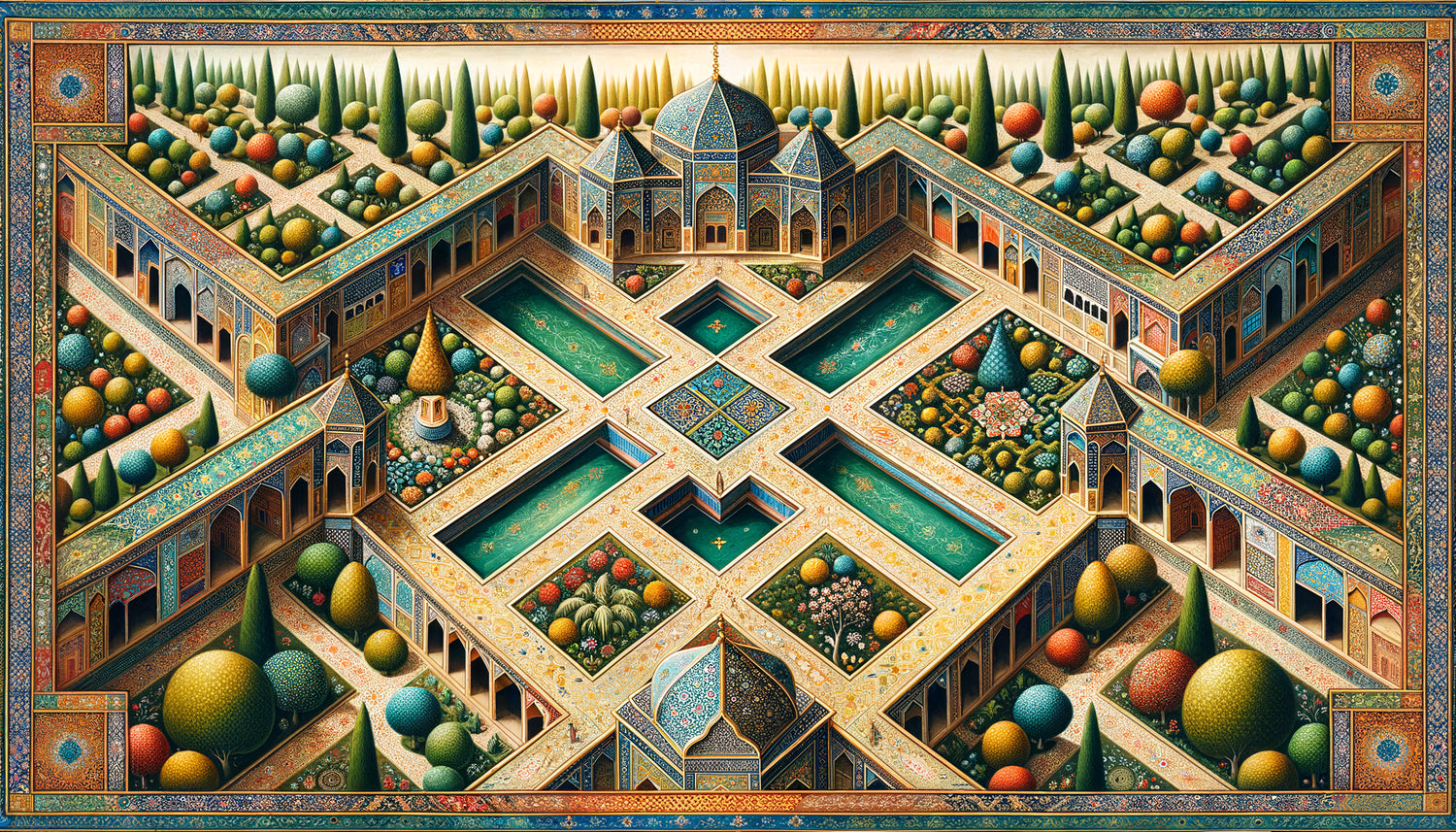 Miniature persane de l'école d'Ispahan du 16ème siècle représentant un jardin chahar bagh avec perspective flottante et géométrie complexe