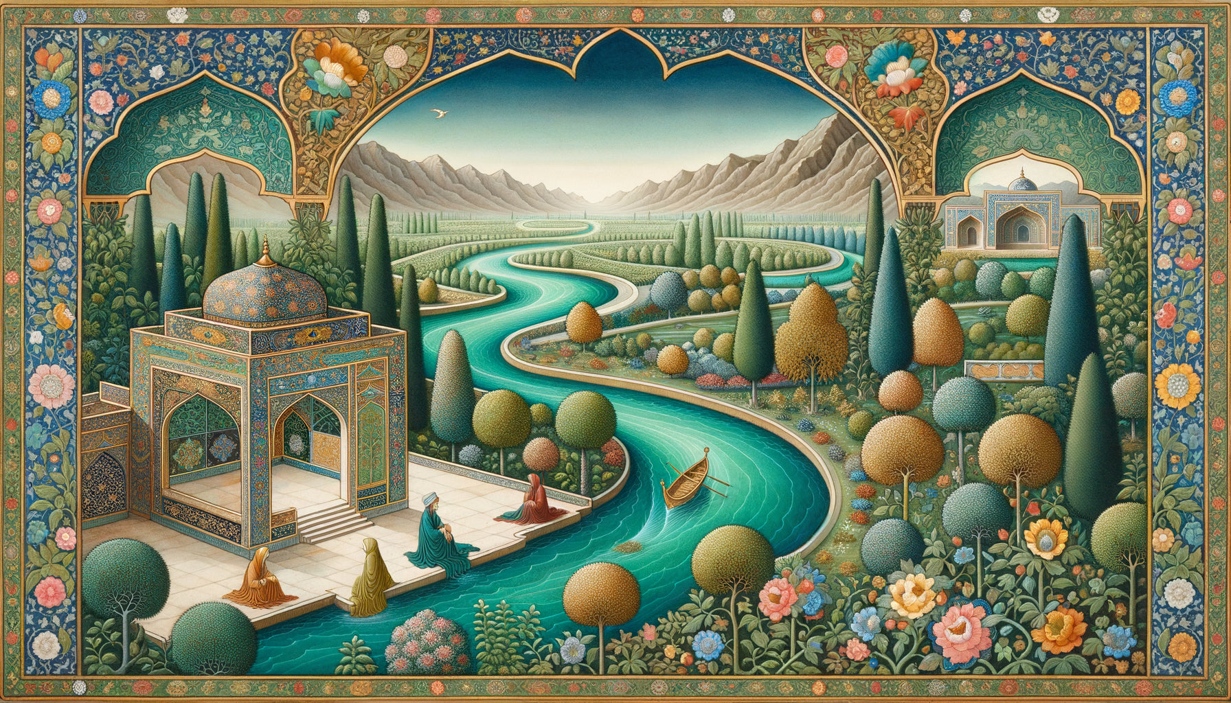 Miniature persane du 16e siècle représentant une plaine alluviale avec rivière sinueuse, jardin paradisiaque et figures impériales, style safavide