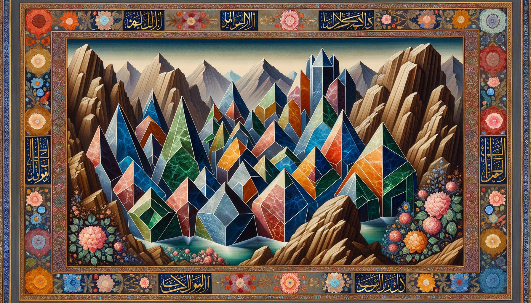 Miniature persane de l'école de Shiraz montrant des rochers stylisés en formes géométriques colorées, style 16e siècle avec or et pigments vifs