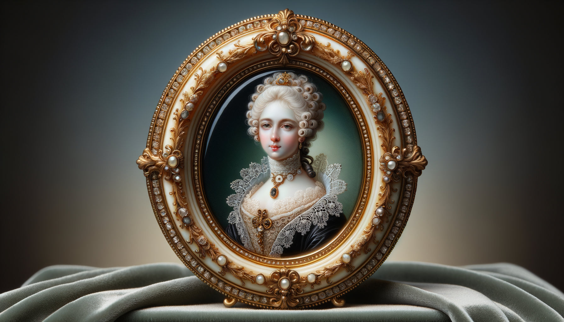 Miniature portrait historique du 18ème siècle, peinture précieuse sur ivoire avec cadre doré orné