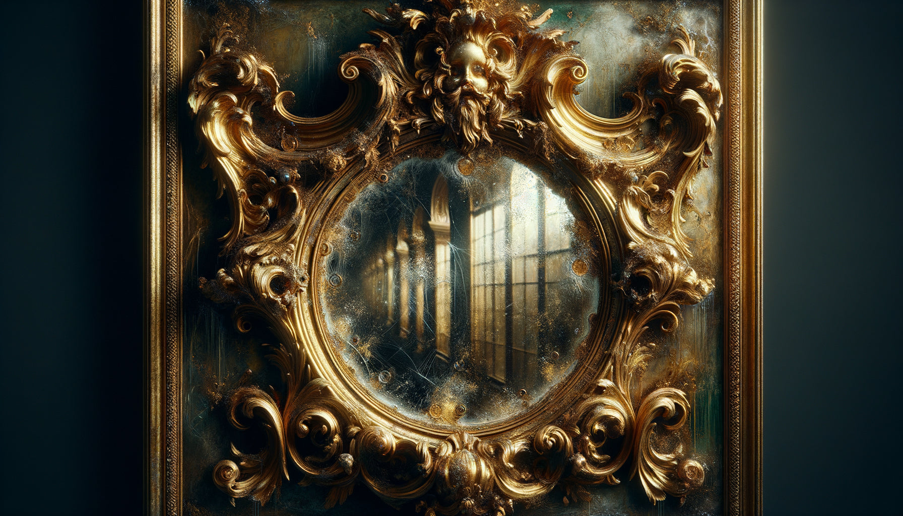 Miroir ancien baroque avec cadre doré présentant des réflexions multiples et imperfections optiques caractéristiques