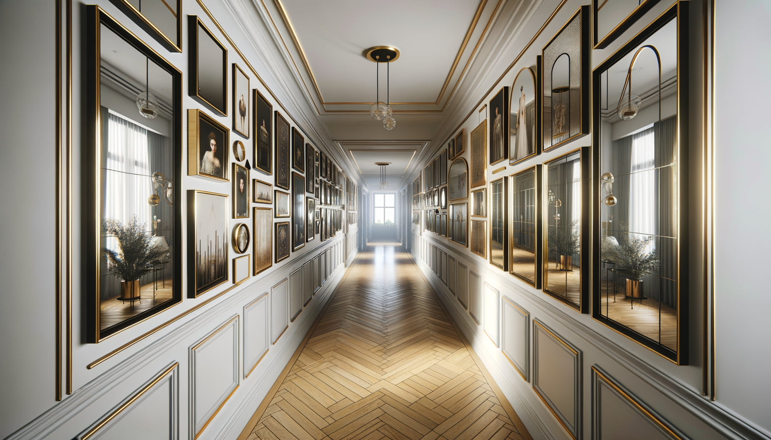 Couloir étroit contemporain avec miroirs encadrés comme tableaux créant un effet galerie et agrandissant visuellement l'espace