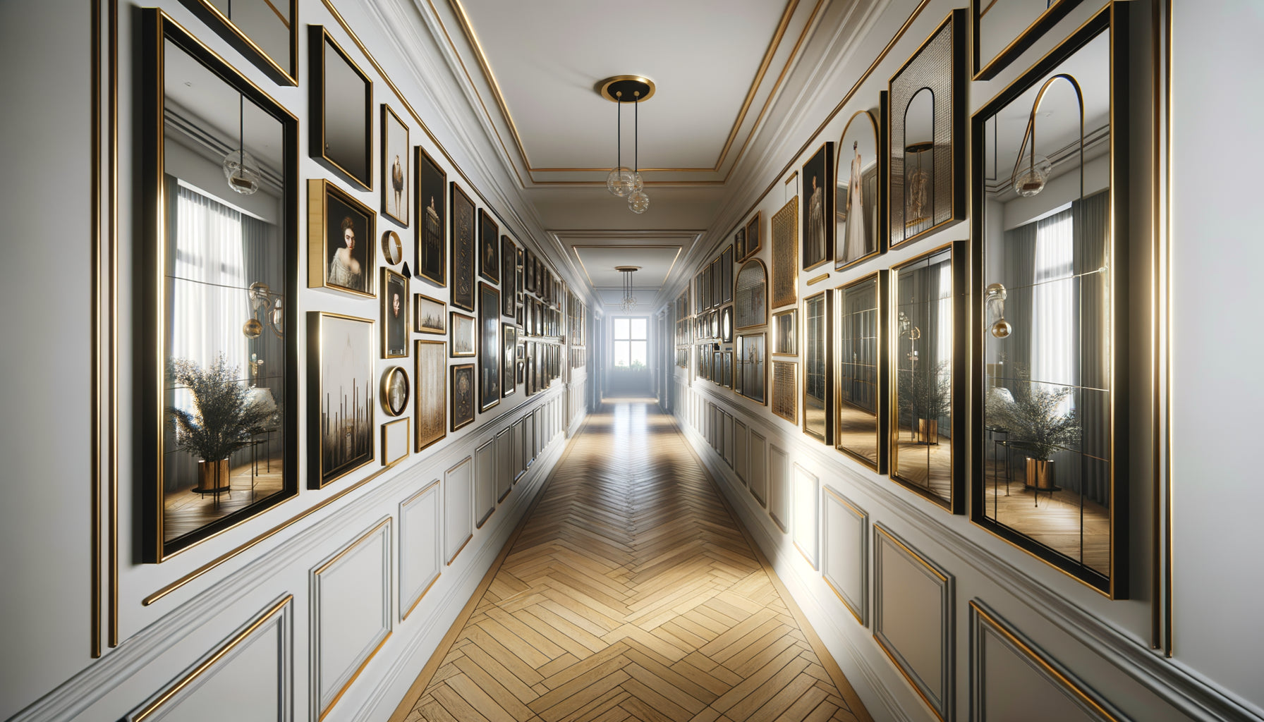 Couloir étroit contemporain avec miroirs encadrés comme tableaux créant un effet galerie et agrandissant visuellement l'espace